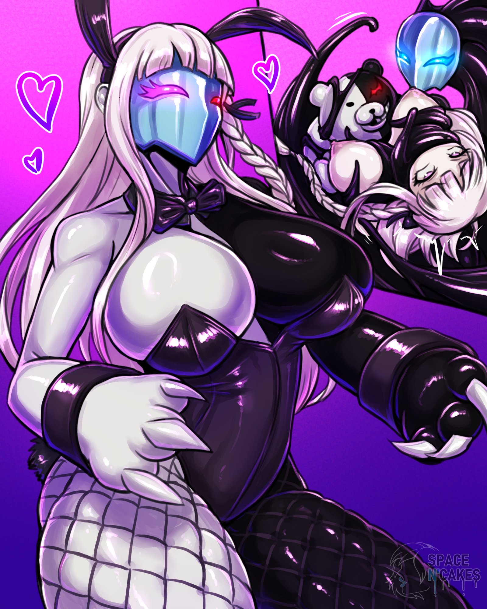 1girls, alternate costume, bare breasts, bear, big breasts, blue eyes, bodysuit, bondage, breasts, bunny ears, bunny girl, bunny waitress, claws, claws out, cleavage, corruption, dangan ronpa, danganronpa, danganronpa: trigger happy havoc, eye color change, female, femsub, fusion, gag, glowing eyes, heart, heterochromia, hypnosis, hypnotic mask, kirigiri kyoko, large breasts, latex, living costume, long hair, mask, mind control, monokuma, nipples, original, paws, persona, persona 5, pink background, pink eyes, possession, purple background, purple eyes, red eyes, restrained, shadow (persona), shadow bunny, shadow waitress, simple background, slime, spacen'cake, spacen'cakes, symbol, tentacle, tight clothing, transformation, white hair