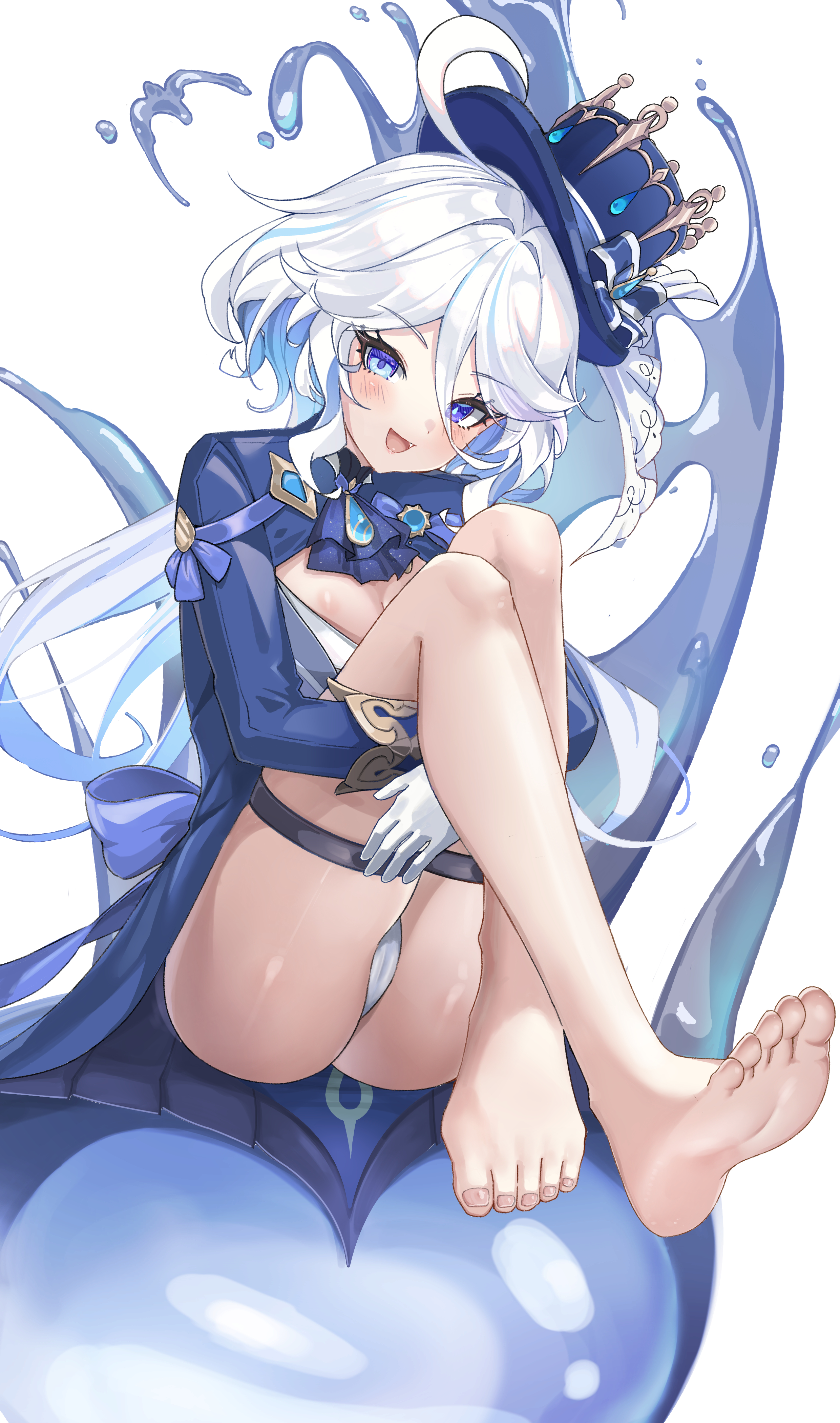 1girls, absurd res, ass, barefoot, blue eyes, blue hair, blush, breasts, cameltoe, cleavage, clothed, clothed female, feet, female, female only, foot fetish, furina (genshin impact), genshin impact, happy, hat, hi res, hugging legs, hugging own legs, jinmuxi (user pvha4443), kmos, legbands, looking at viewer, multicolored hair, open mouth, shirt, sitting, small breasts, smile, solo, thighs, toenails, toes, tongue, tophat, white hair