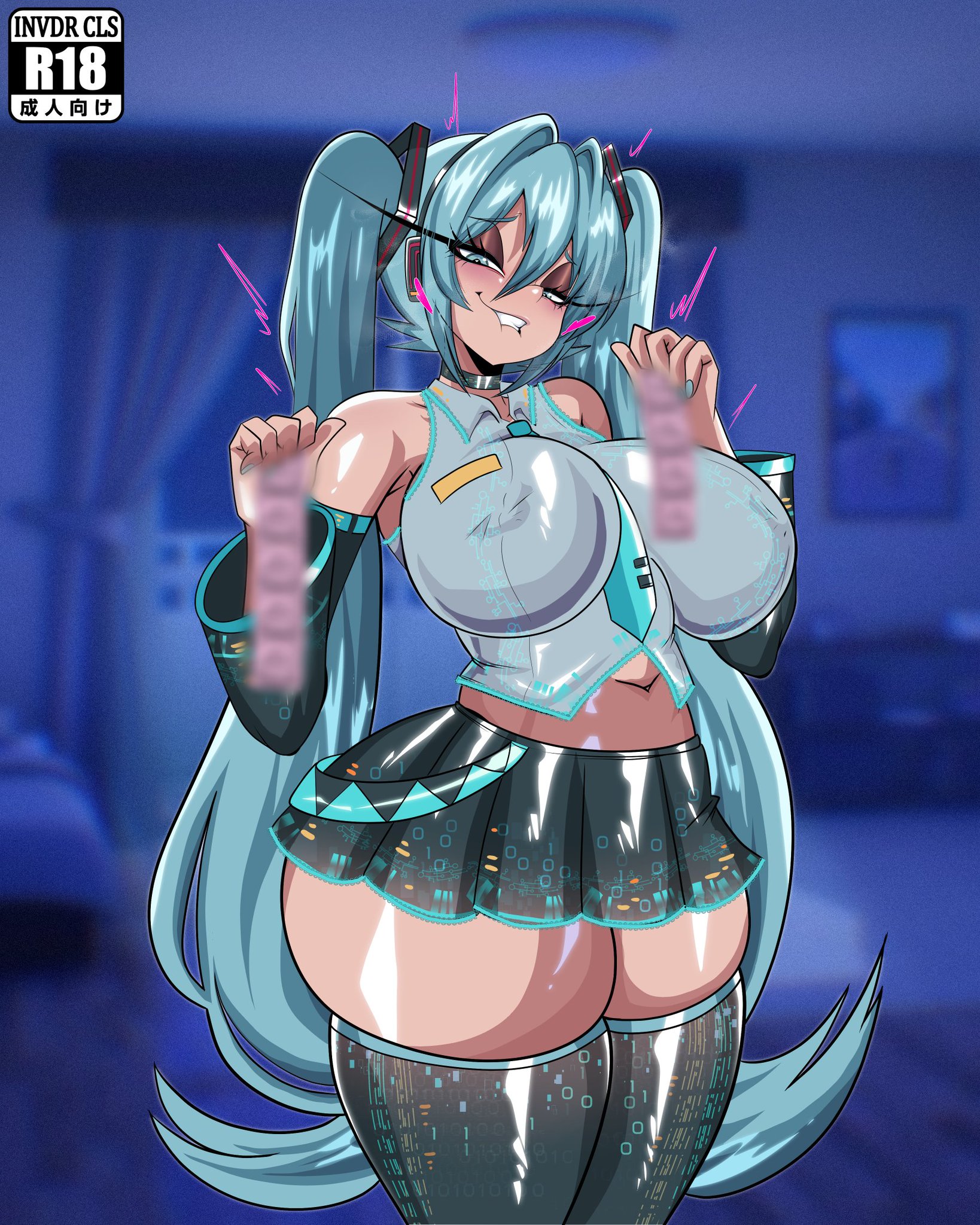 1girl, alternate breast size, aqua eyes, aqua hair, between breasts, biting, blurry, blush, breasts, condom, condom packet strip, condom wrapper, covered nipples, detached sleeves, hatsune miku, huge breasts, impossible clothes, invdrcls, large breasts, latex, lip biting, long hair, navel, necktie, necktie between breasts, shiny, shiny clothes, shiny skin, skindentation, skirt, solo, tagme, thick thighs, thigh boots, thighhighs, thighs, twintails, very long hair, vocaloid, wrapped condom