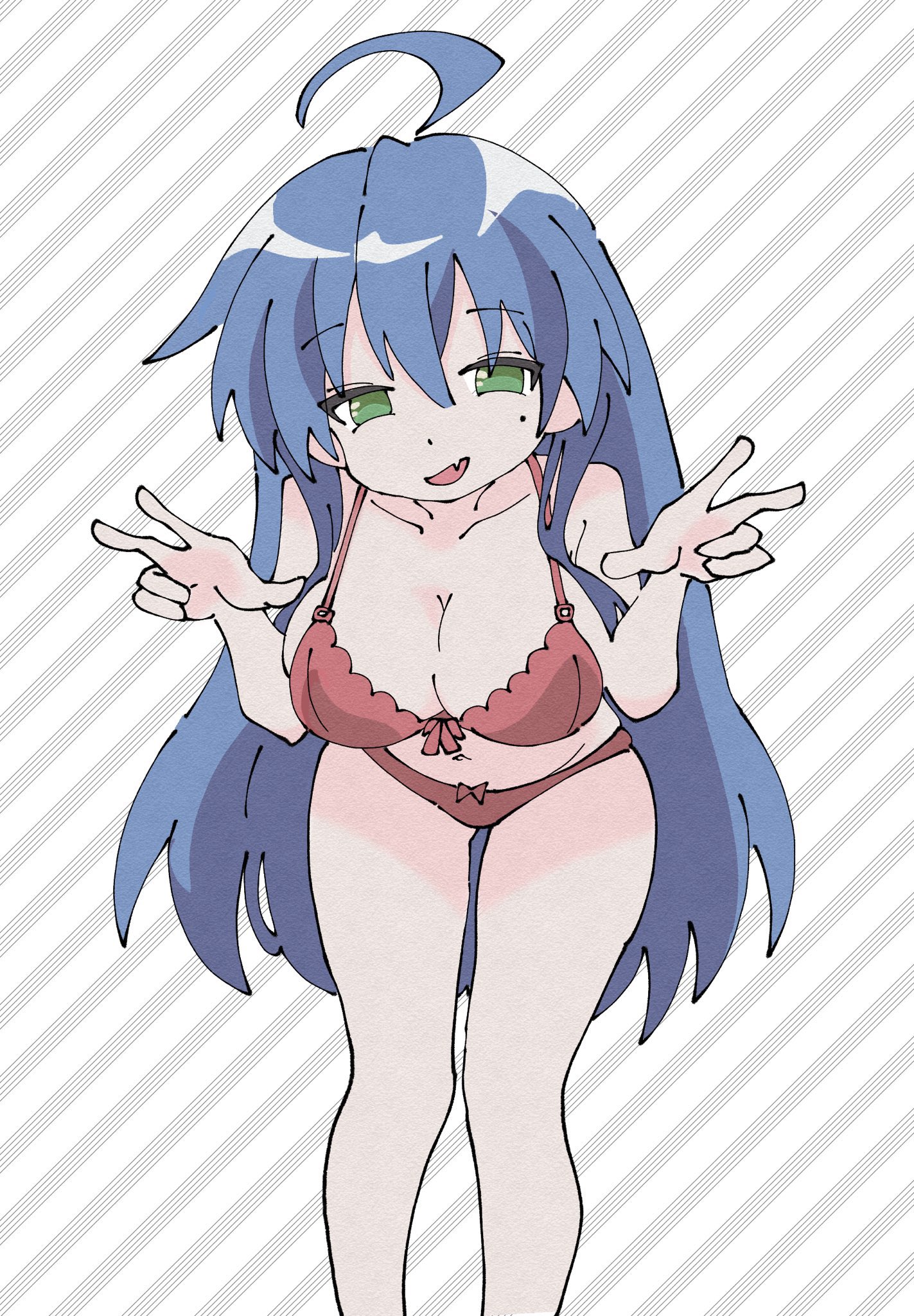 1girls, alternate breast size, blue hair, bow panties, bra, breasts, cleavage, female, green eyes, konata izumi, lingerie, lucky star, mole under eye, not cll, panties, posing, red bra, red panties, solo, tagme, underwear, underwear only, yanikasu7o5