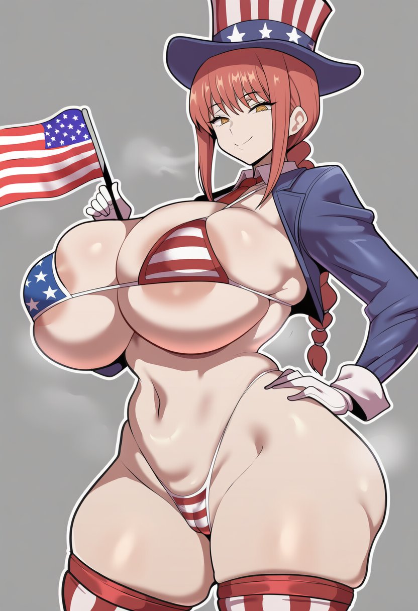 1girls, 4th of july, ai generated, american, american flag, american flag bikini, big breasts, bikini, braid, braided hair, braided ponytail, breasts, breasts bigger than head, chainsaw man, female, flag, gloves, hand on hip, hat, holding flag, holidays, legwear, looking at viewer, makima (chainsaw man), necktie, nipples, red hair, smile, solo female, standing, striped legwear, striped thighhighs, thighhighs, uncle sam (cosplay), white gloves, wumiai, yellow eyes