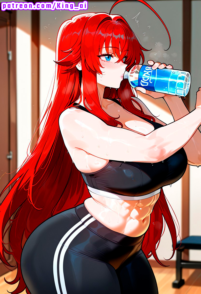 1female, 1girls, absurd res, ai assisted, ai generated, ass, big ass, big breasts, big butt, big thighs, black leggings, black sports bra, blue eyes, blush, breasts, drinking water, female, female only, gym clothes, gym room, high resolution, high school dxd, high school dxd born, high school dxd hero, high school dxd new, highres, indoors, king ai, large ass, large breasts, large butt, massive ass, massive breasts, massive butt, massive thighs, red hair, rias gremory, side view, sports bra, sportswear, stable diffusion, sweat, thick ass, thick butt, thick legs, thick thighs, thighs, very long hair, water bottle, wavy hair, yoga pants