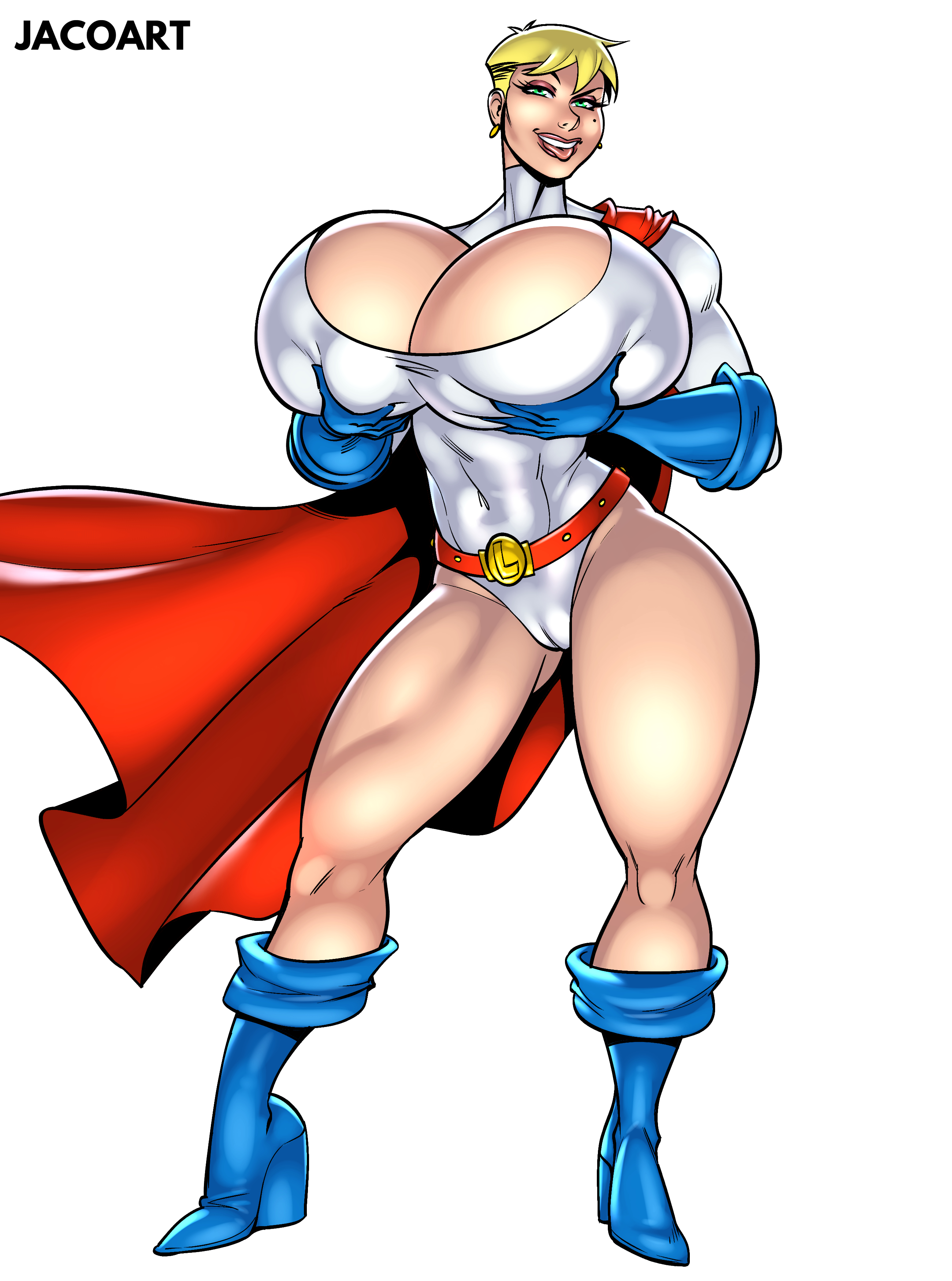 big breasts, breasts, breasts bigger than head, cleavage, cosplay, dc, dc comics, enormous breasts, female, grabbing own breast, huge breasts, jacogram, karen starr, looking at viewer, lyza (jacogram), power girl, power girl (cosplay), superman (series), thick thighs