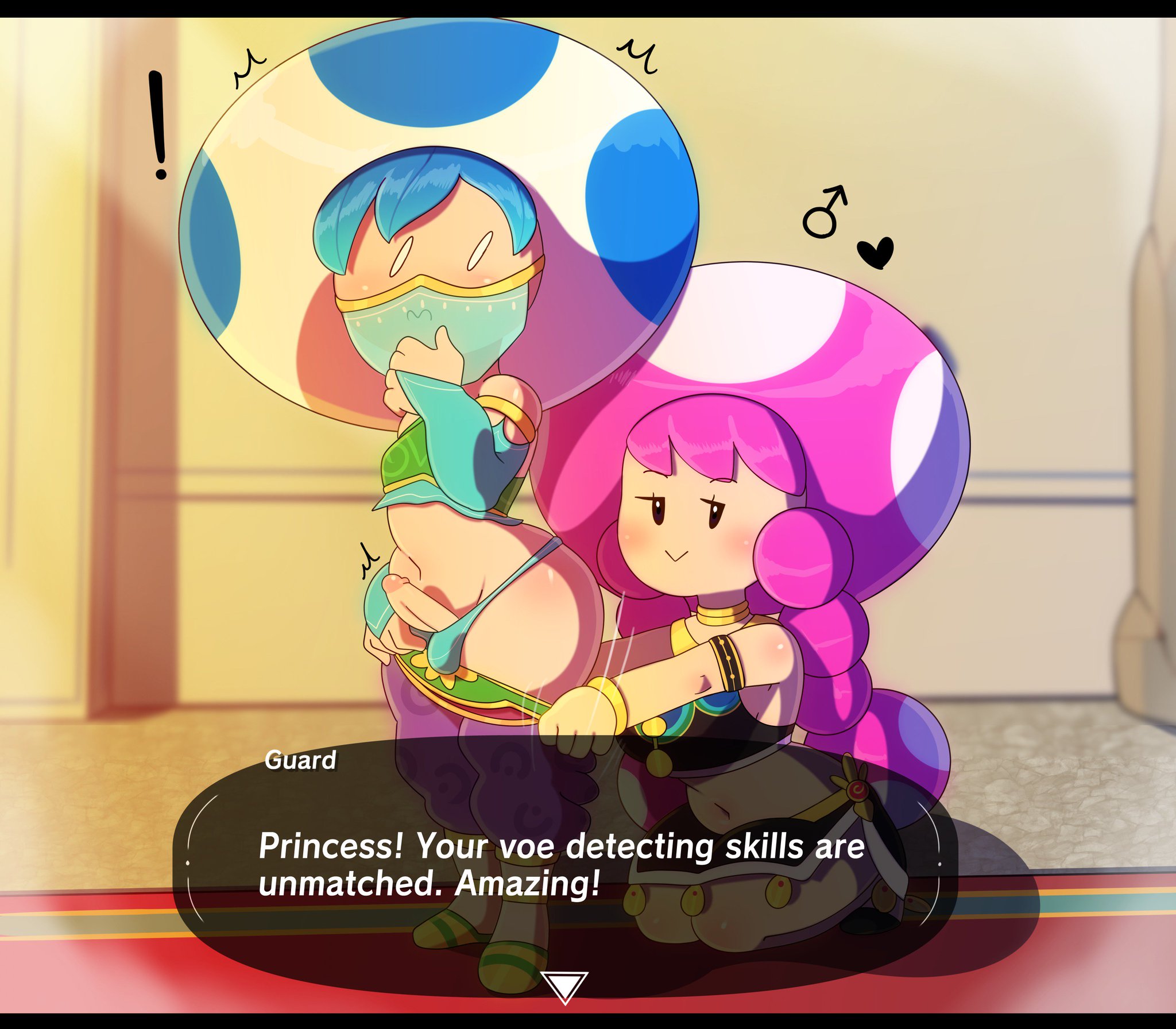 !, 1boy, 1girls, ass, assisted exposure, balls, balls in panties, blue hair, blue panties, blush, breasts, breath of the wild, clothing, cosplay, crop top, crossdressing, crossdressing male, dialogue, english text, erect penis, erection, erection under clothes, female, femboy, femboy on female, full body, fungi fauna, gerudo outfit, hetero, kneeling, looking at another, male, male/female, mario (series), midriff, nintendo, panties, pants, pants down, pants pull, penis, pink hair, shocked, smile, smug, somescrub, speech bubble, standing, straight, tagme, text, the legend of zelda, toad (mario), toadette, underwear