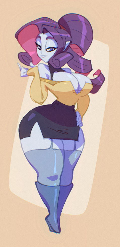 aged up, bigdad, bimbo, boots, busty female, cleavage, female, high heel boots, high heels, milf, my little pony, rarity (mlp), stockings, thighhighs, voluptuous female
