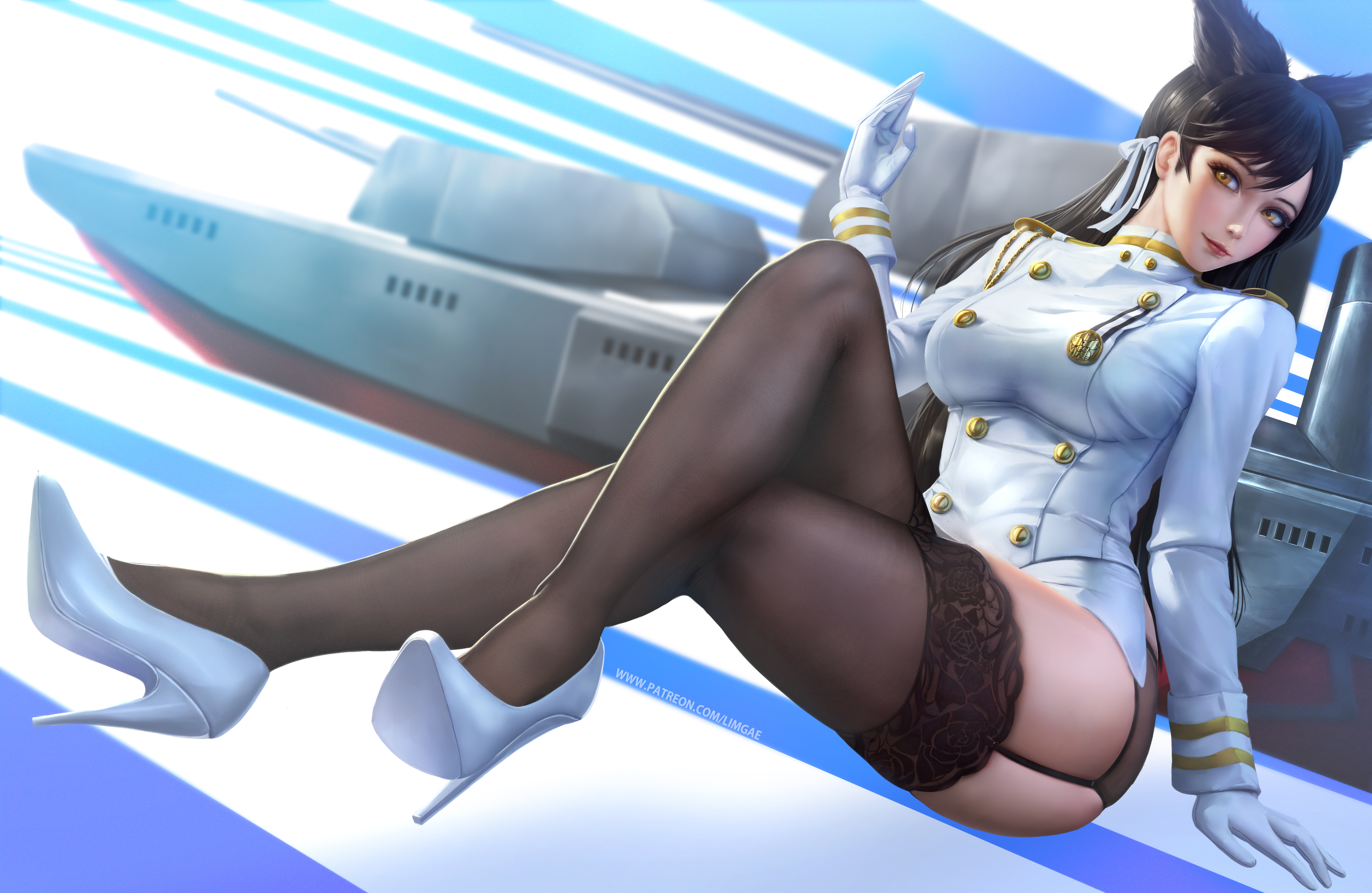 1girls, animal ears, areolae, atago (azur lane), azur lane, black hair, black legwear, breasts, cat ears, female, female only, garter belt, high heels, high resolution, highres, limgae, looking at viewer, solo, thighhighs, yellow eyes