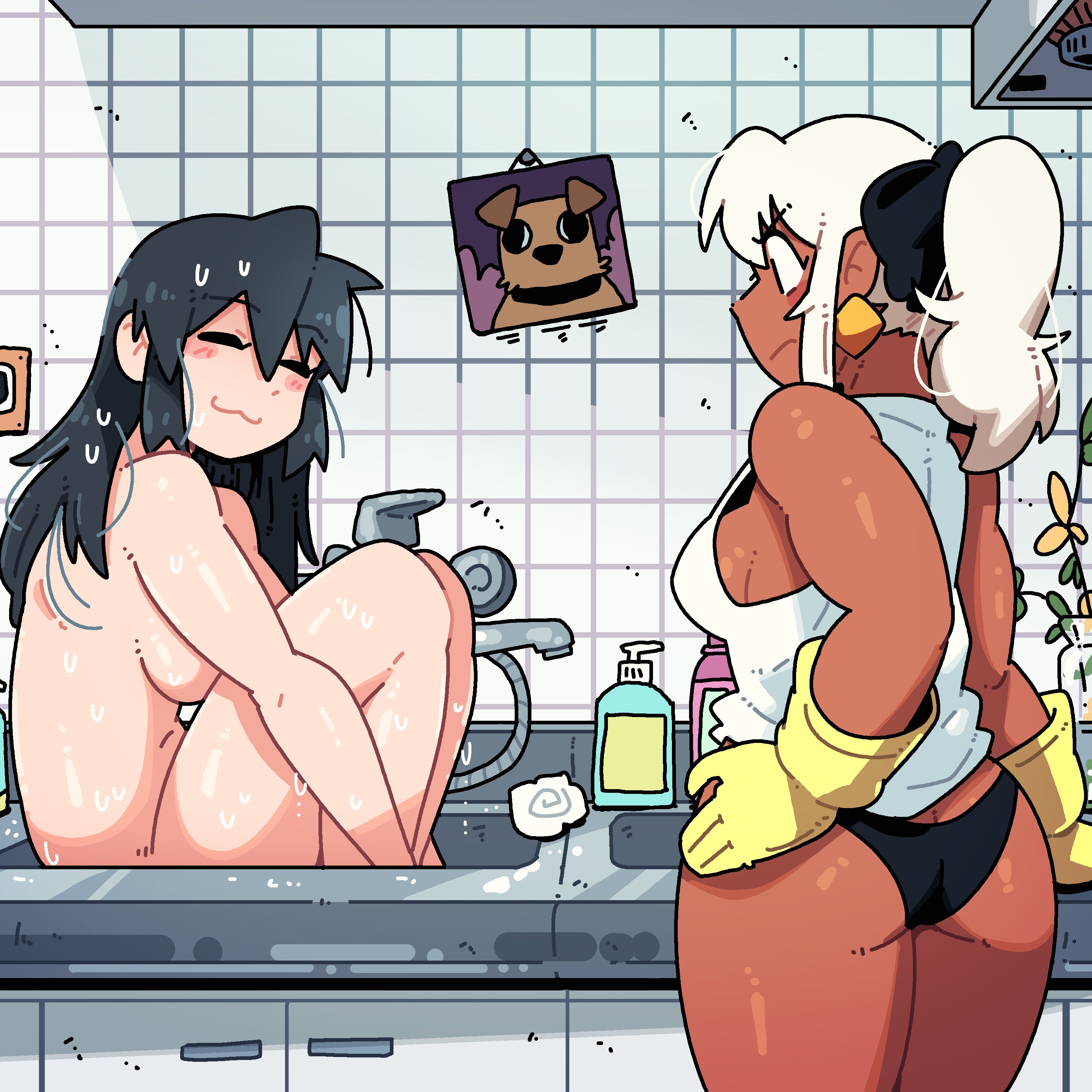 :3, ass, bare hips, bare legs, bathing, black hair, blush, breasts, completely nude, completely nude female, dark skin, female, kitchen, legs, lucia (scott malin), mia (scott malin), nude, original, original character, panties, scott malin, sideboob, silly face, sitting, smile, tagme, teenage female, teenager, underwear, washer, wet, white hair