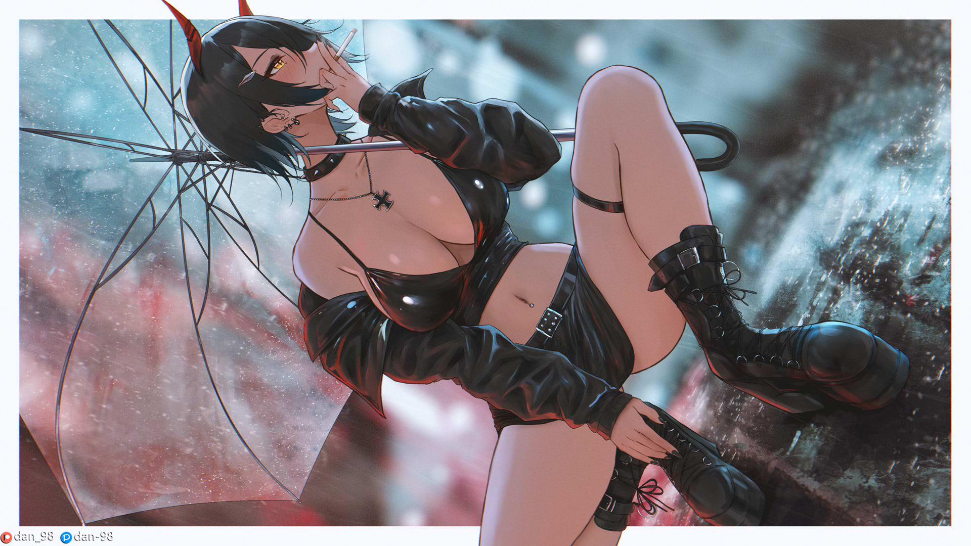alternate costume, azur lane, bare shoulders, belt, black belt, black choker, black footwear, black hair, black jacket, black nails, black skirt, blurry, blurry background, boots, border, breasts, cg, choker, cleavage, collarbone, crop top, cross, dutch angle, ear piercing, earrings, female, hair ornament, holding, holding umbrella, horns, iron cross, jacket, jewelry, large breasts, long sleeves, looking to the side, midriff, multicolored hair, nail polish, navel, navel piercing, necklace, off shoulder, official alternate costume, open clothes, open jacket, outdoors, piercing, platform boots, platform footwear, rain, red horns, short hair, short shorts, shorts, skirt, solo, squatting, stomach, thigh strap, thighs, transparent umbrella, ulrich von hutten (azur lane), umbrella, underwear, white border, yellow eyes