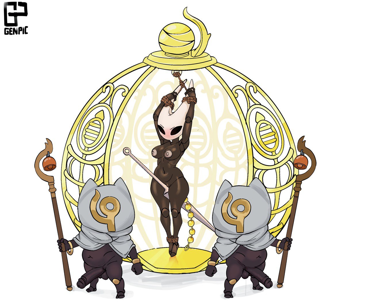 1girls, 2boys, anal beads, arms above head, big ass, birdcage, bondage, captured, captured heroine, envoy (hollow knight), female, genpic, hollow knight, hollow knight: silksong, hooded, hornet (hollow knight), insect humanoid, male, naked, naked female, prisoner, rope, staff