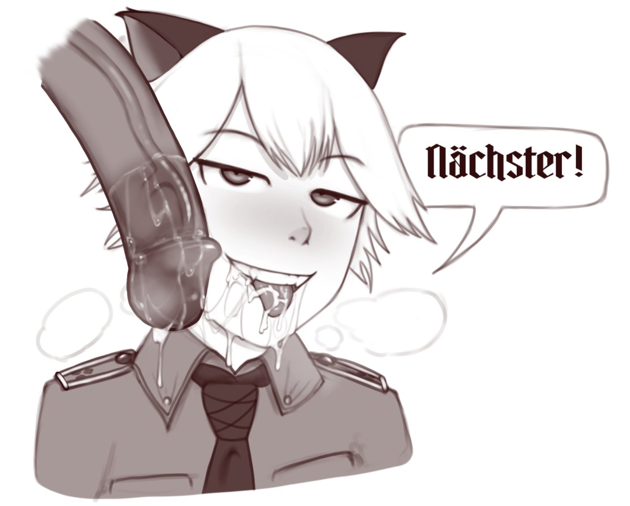 2boys, cat ears, catboy, cum, doom captain, fellatio, femboy, greyscale, hellsing, male, schrodinger, sketch, tagme, yaoi