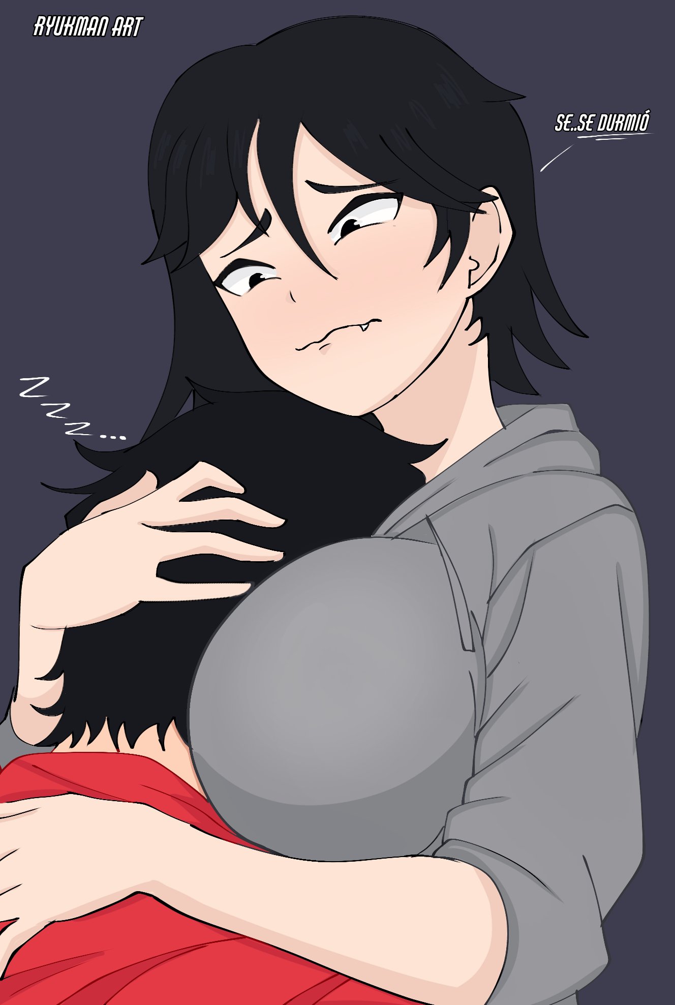 1boy, 1boy1girl, 1girls, alexia (ryukman), big breasts, black eyes, black hair, breast focus, breast smother, breasts, breasts focus, busty, cute fang, english text, face in breasts, fangs, female, female focus, hand on head, hi res, high resolution, highres, hoodie, huge breasts, jacket, large breasts, light skin, light-skinned female, light-skinned male, male, male/female, medium hair, oc, original, original character, original characters, ryukman, short hair, simple background, sleeping on breasts, sleeping on person, smothering breast, spanish text, text, tomboy, wholesome, zzz