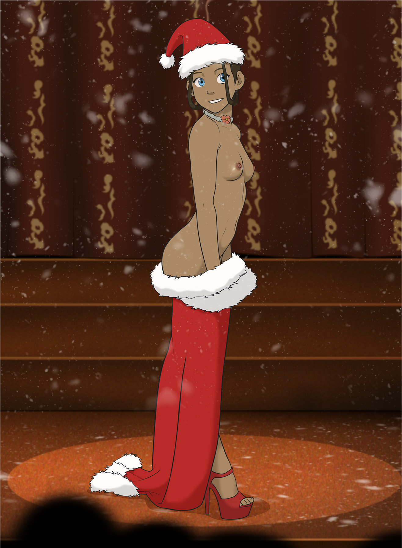 1girls, anaxus, audience, avatar the last airbender, blue eyes, breasts, brown hair, christmas, clothing, cute, dark skin, dark-skinned female, exhibitionism, female, female focus, female only, half naked, half nude, happy, high heels, holidays, katara, looking at viewer, naked footwear, necklace, nickelodeon, nipples, open toe shoes, perky breasts, profile, santa costume, santa hat, skinny, small breasts, smile, snow, stage, stripping, teenager, toes, undressing, young