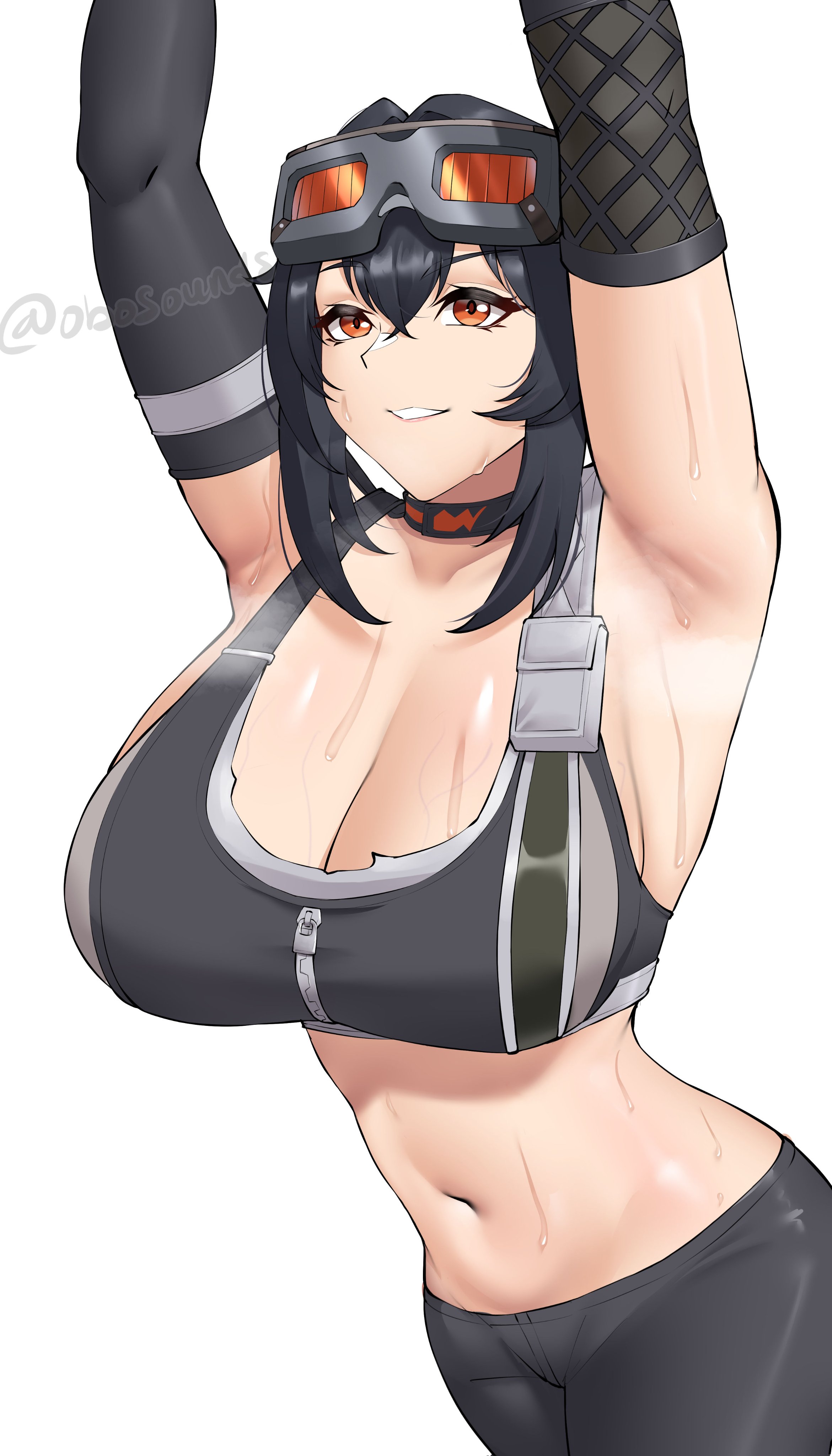 1girls, armpits, arms up, breasts, choker, cleavage, female, goggles, goggles on head, grace howard, hoyoverse, huge breasts, large breasts, mihoyo, obosounds, solo, sports bra, sweat, sweaty, sweaty armpits, sweaty body, zenless zone zero