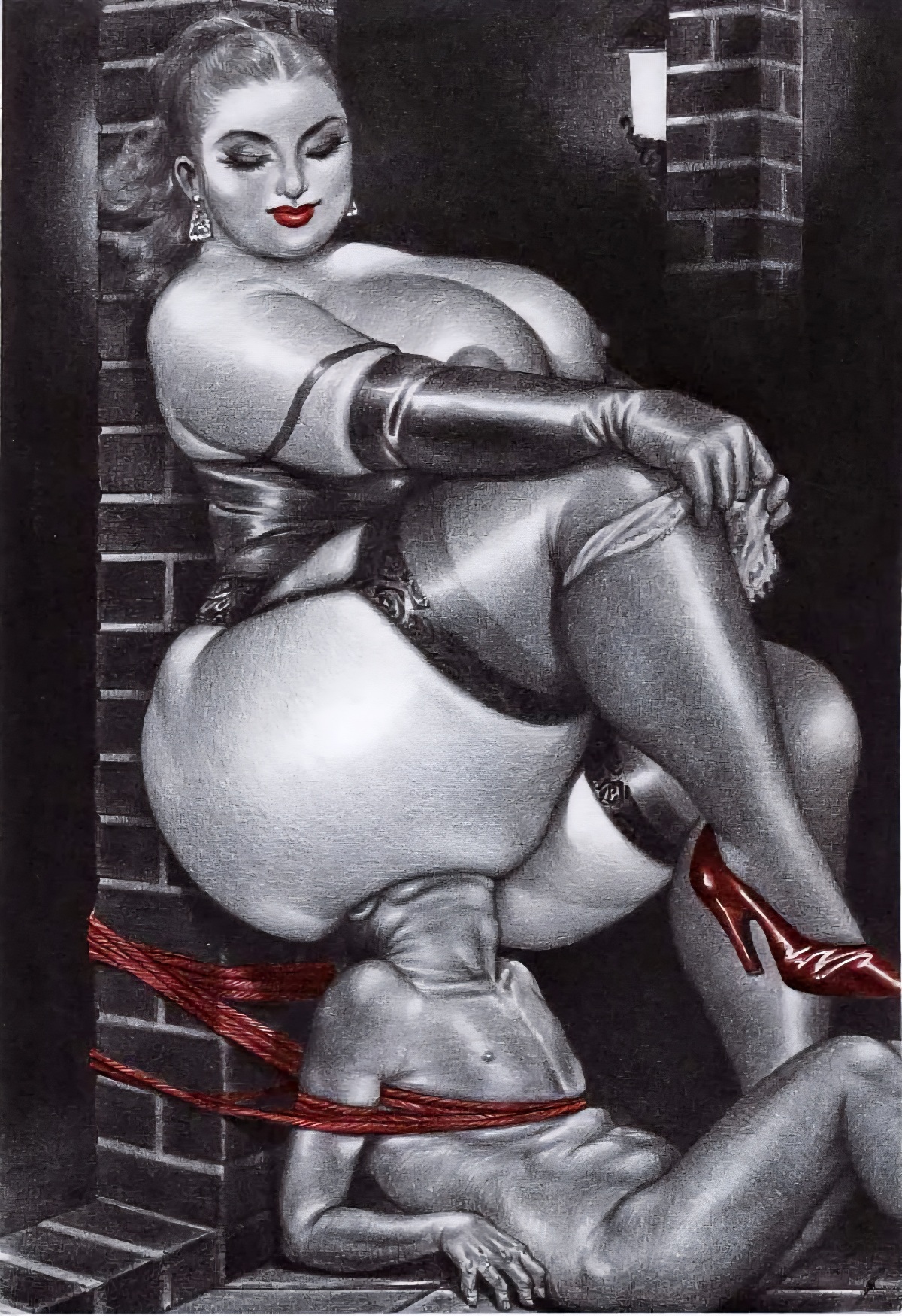 1boy, 1boy1girl, 1girls, ass, big ass, big breasts, big butt, black and white, black and white and red, bondage, breasts, bubble butt, face in ass, facesitting, female, femdom, fetish, heels, heels fetish, humiliating, humiliation, male, mature female, namio harukawa, red heels, sitting on face, vintage, voluptuous female