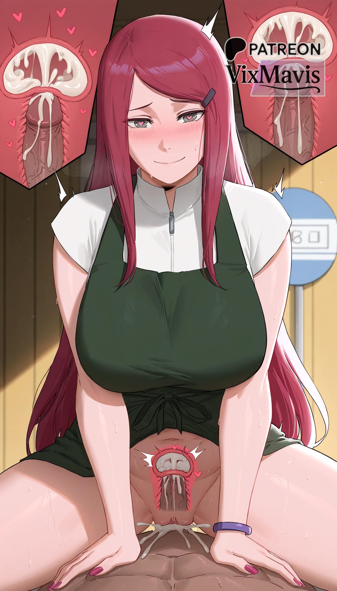 1boy, 1girls, ai generated, apron, blush, bracelet, breasts, cervix, closed mouth, clothed female nude male, clothed sex, cowgirl position, cross section, cum, cum in pussy, cum overflow, dark skin, dark-skinned male, deep penetration, dress, ejaculation, erection, female, green apron, green dress, green eyes, hair ornament, hairclip, happy sex, heart, heart-shaped pupils, internal cumshot, interracial, jewelry, kushina uzumaki, large breasts, long hair, looking at viewer, male, mole, nail polish, naruto, naruto (series), naruto shippuden, navel, nude, penis, pink nails, pov, pubic hair, pussy, red hair, sex, shirt, shonen jump, short sleeves, shounen jump, smile, solo focus, spread legs, straddling, straight, sweat, swept bangs, symbol-shaped pupils, uncensored, uterus, uzumaki kushina, vaginal penetration, veins, veiny penis, vixmavis, white shirt, x-ray
