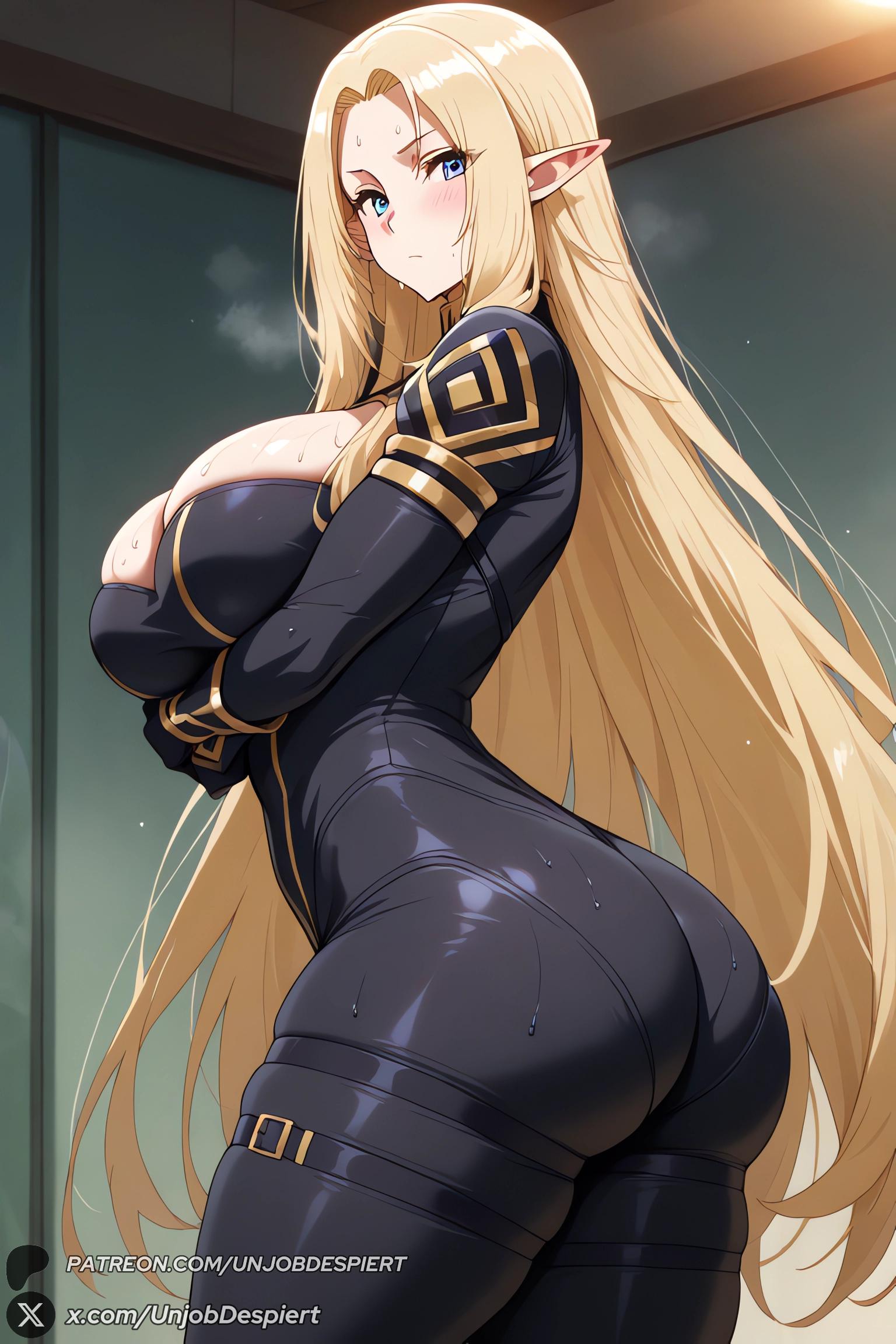 1female, 1girls, 2025, ai generated, alpha (the eminence in shadow), arms under breasts, artist name, ass, bangs, big ass, big breasts, black bodysuit, blonde hair, blue eyes, blush, bodysuit, breasts, cleavage, closed mouth, curvy, elf, female, female only, hi res, high quality, high resolution, highres, huge ass, huge breasts, indoors, large breasts, long hair, long sleeves, looking at viewer, parted bangs, patreon, patreon username, pointy ears, skindentation, solo, sweat, the eminence in shadow, thigh strap, thighs, unjobdespiert, very long hair, watermark