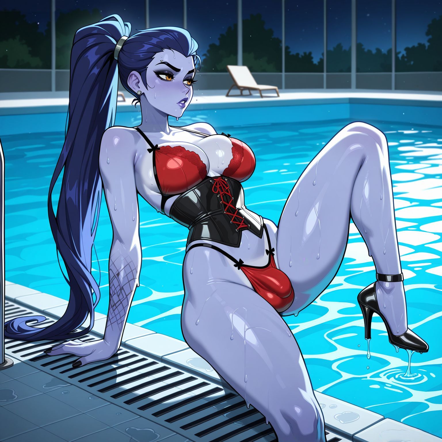 ai generated, arm support, arm tattoo, balls, bare shoulders, bikini, black corset, black footwear, black nails, blue hair, blush, bra, breasts, bulge, bustier, chair, clothing, collarbone, colored skin, corset, covered balls, covered penis, earrings, female, fingernails, futanari, hair pulled back, high heels, intersex, jewelry, knee up, large breasts, leg tattoo, lingerie, lips, long hair, lounge chair, lunaart, makeup, medium breasts, nail polish, night, night sky, outdoors, overwatch, overwatch 2, panties, parted lips, penis, ponytail, pool, pool ladder, poolside, purple hair, purple lips, purple skin, red bikini, red bra, red panties, shiny skin, sitting, sky, solo, swimsuit, tattoo, testicles, thighs, underwear, very long hair, water, wet, widowmaker, yellow eyes