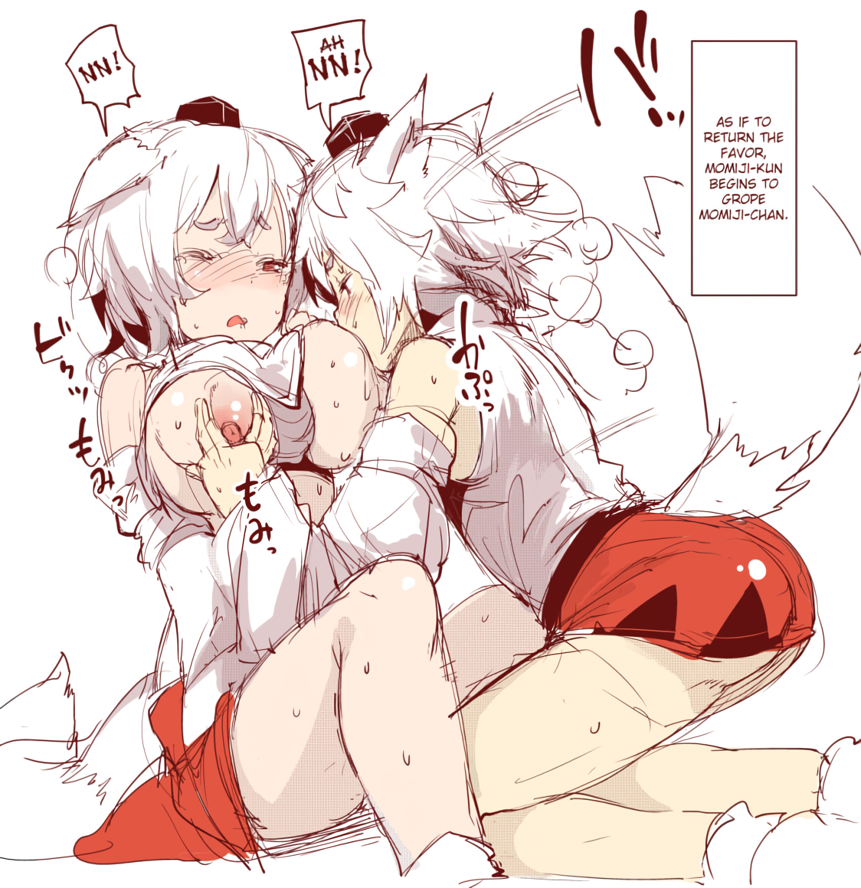 1boy, 1girls, animal ears, breast grab, breast sucking, breasts, crossdressing, dual persona, female, femboy, femboy on female, karochii (mochiya), male, male/female, mature, momiji inubashiri, monster boy, rule 63, small dom big sub, straight, tail, tokin hat, touhou, twins, wolf boy, wolf girl