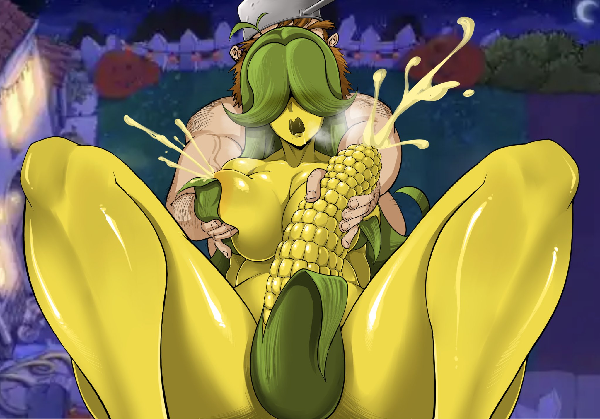 1boy, 1futa, alailailailai88, big boobs, big breasts, big tits, boobs, breast milk, breast milk squirt, breasts, breasts milk, cob cannon, corn, crazy dave (pvz), cum, ejaculation, female humanoid, futanari, green hair, green hair female, hair over eyes, humanoid, humanoid female, lactation, male on futa, open mouth, orgasm, plant girl, plant humanoid, plants vs zombies, plants vs. zombies, popcap games, squirting, squirting milk, thick thighs, thighs, tits, yellow body, yellow skin, yellow skinned female