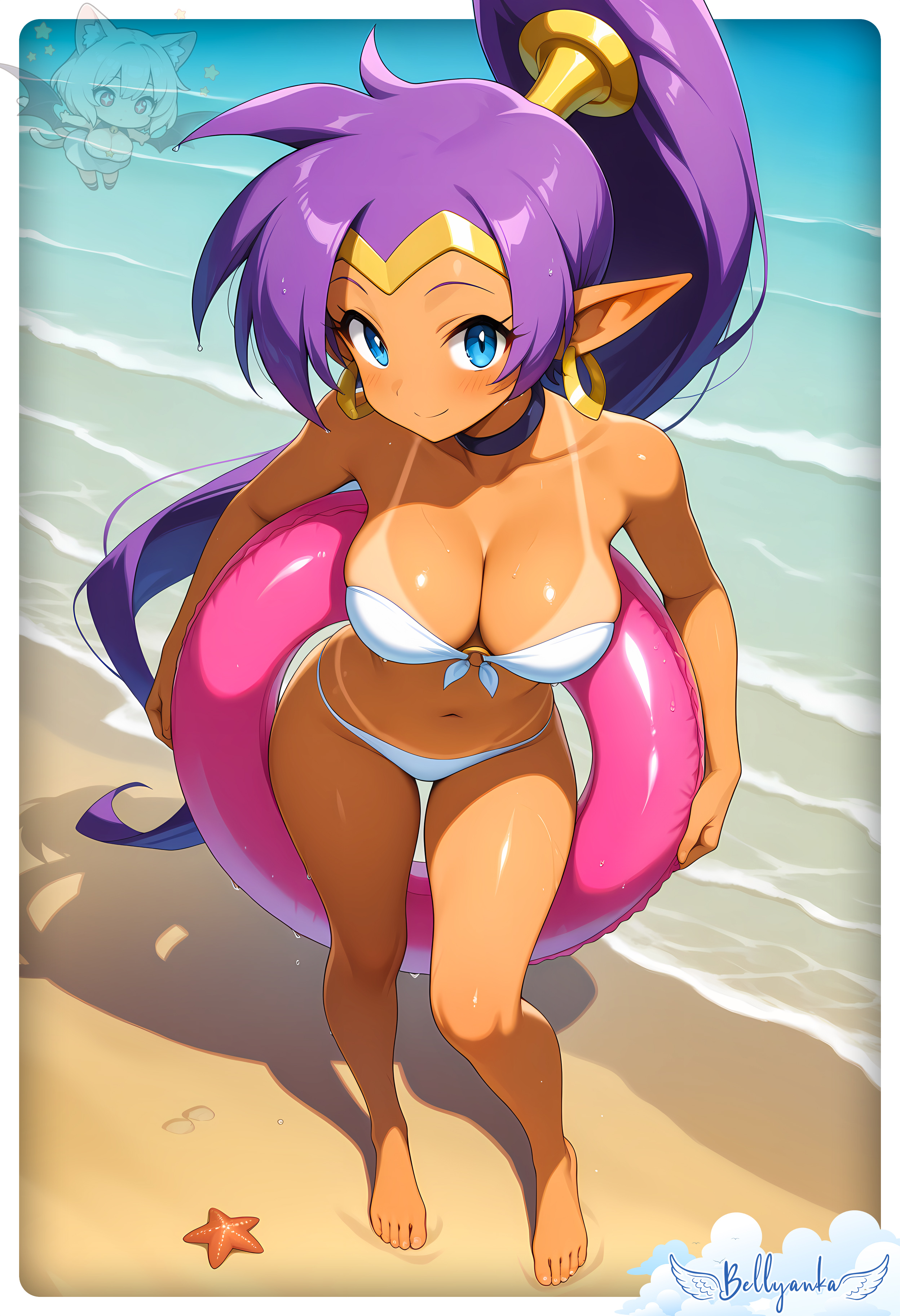 1girls, 2025, ai generated, beach background, bellyanka, bikini tan, capcom, deviantart, female, female only, looking at viewer, shantae, shantae (character), smile at viewer, smiling at viewer, solo, tanned female, tanned skin, tanned-skinned female, wayforward, wet body, white bikini