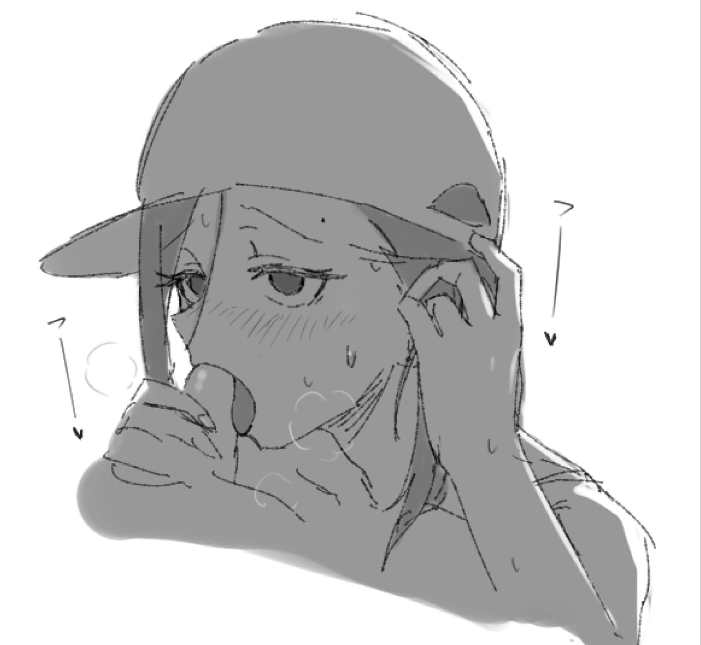 (not my sketch), baseball cap, black hair, blowjob, blowjob with tounge, blush, blushing female, butcher vanity (synthesizer v), enjoying flavor, fellatio, female, flavor foley, high risk of getting dick bitten off, holding penis, holding penis while sucking, long eyelashes, lycorisanguine, male, mv character, penis, sketch, sweating, synthesizer v, tounge out, vimalion pro, yi xi (synthesizer v), yi xi's baseball cap