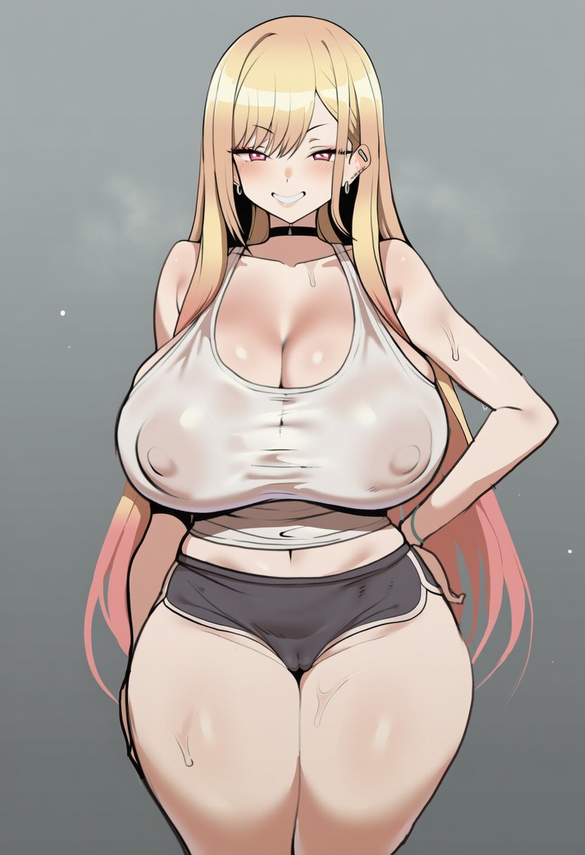 1girls, ai generated, big breasts, black collar, blonde hair, booty shorts, breasts, breasts bigger than head, cameltoe, cleavage, collar, dolphin shorts, female, grey background, hand on hip, kitagawa marin, looking at viewer, nipples, nipples visible through clothing, pink eyes, pink hair, short shorts, shorts, smile, solo female, sono bisque doll wa koi wo suru, standing, sweat, sweating, sweaty, sweaty body, thick thighs, two-tone hair, wumiai