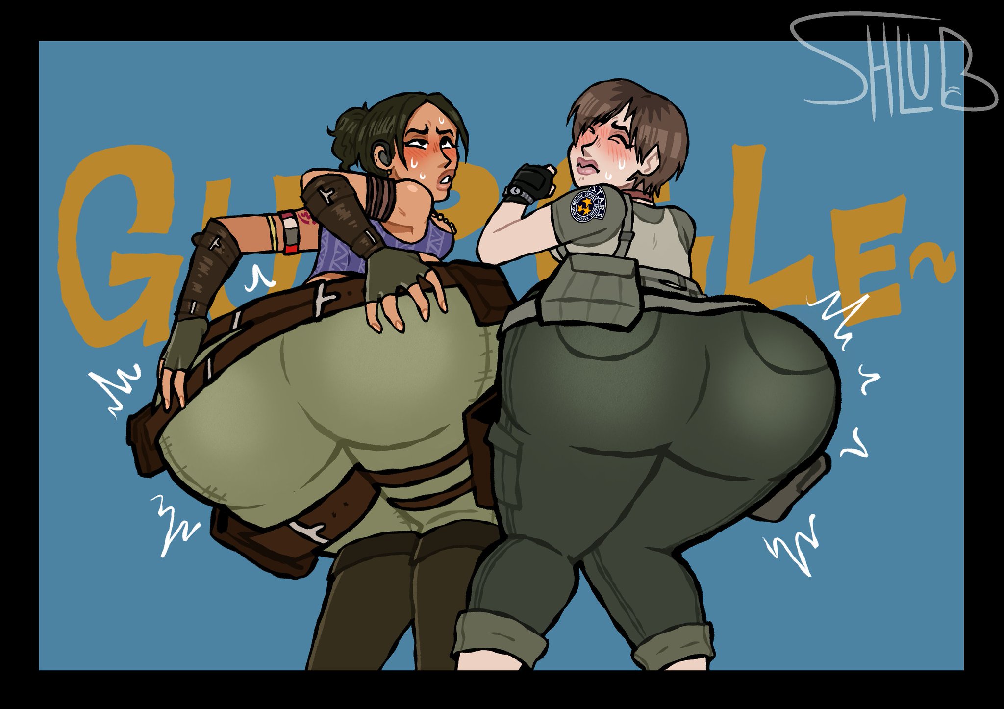 2girls, about to fart, alternate version available, big ass, brown hair, female, female only, hands on ass, hi res, jeans, pornshlub, rebecca chambers, resident evil, sheva alomar, simple background, squatting, stomach noises, sweating