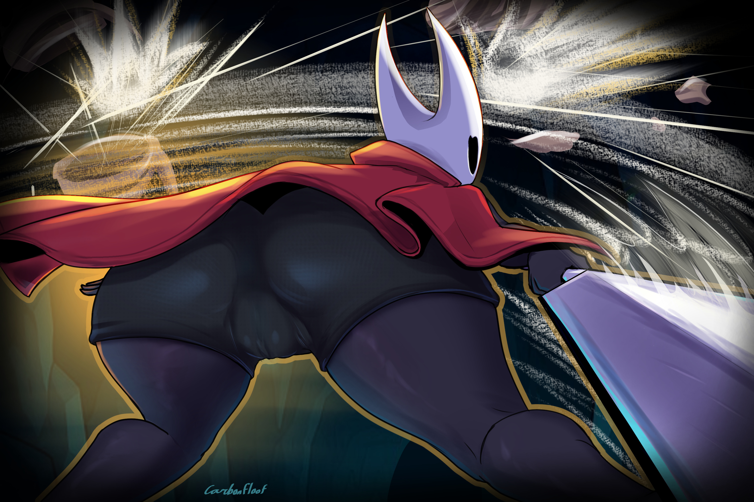 1girls, 2025, anthro, arthropod, artist name, ass, back view, big ass, black body, black skin, calves, cameltoe, carbonfloof, clitoral hood, clitoris, clothed, clothed female, clothing, feet out of frame, female, fully clothed, genitals, hi res, hollow knight, hollow knight: silksong, hornet (hollow knight), insect, labia, large ass, legs apart, purple body, purple skin, pussy, pussy outline, shawl, shorts, signature, skin tight, solo, standing, thick thighs, thighs, vulva, weapon