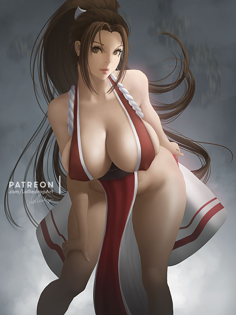 1girls, bent over, big breasts, breasts, brown eyes, brown hair, cleavage, fatal fury, female, female only, king of fighters, large breasts, lolliedrop, long hair, looking at viewer, mai shiranui, no panties, snk, solo