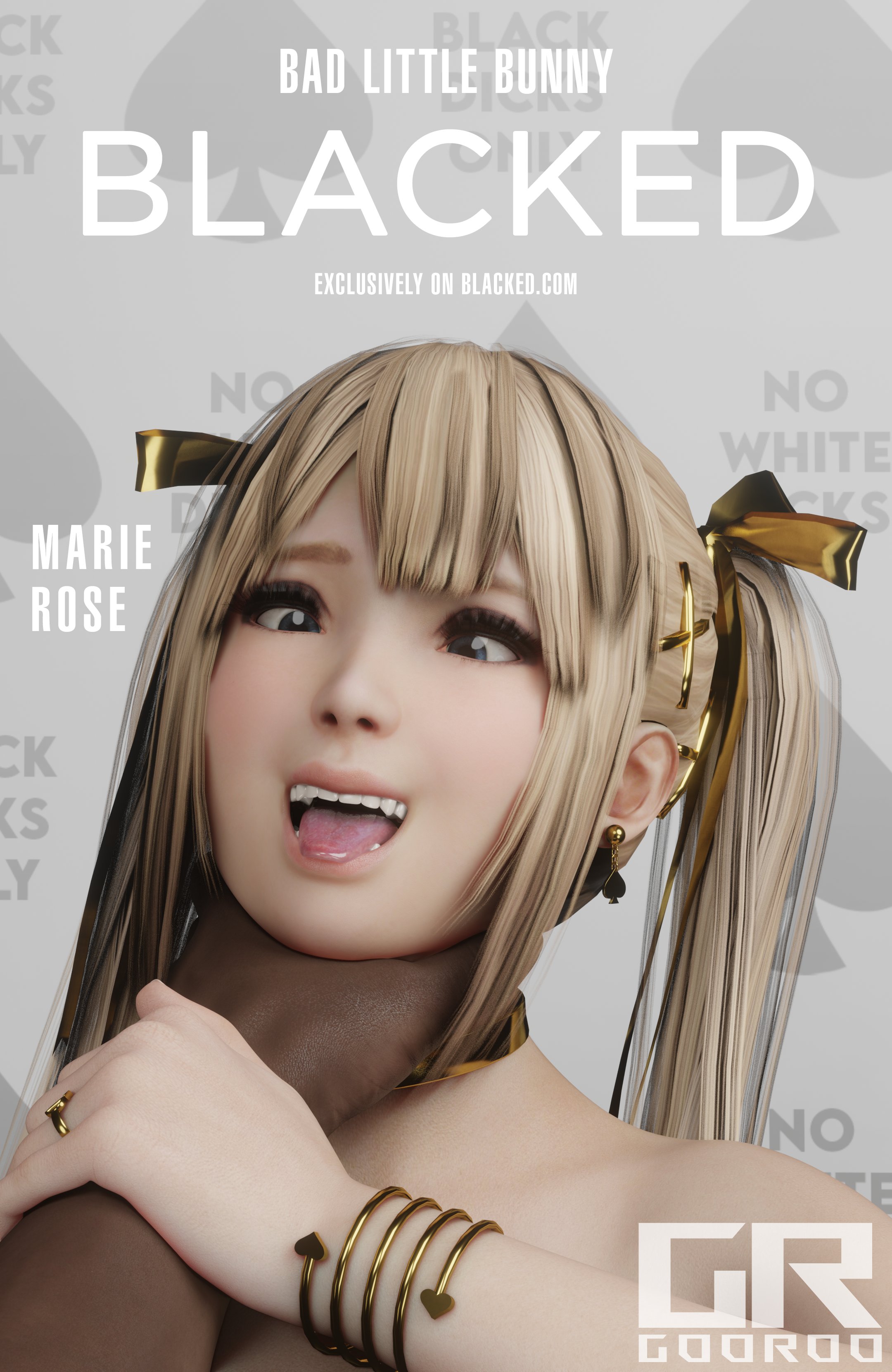 3d, blacked, blonde hair, blonde-haired female, blue eyes, choke hold, choker, collar, dark-skinned male, dead or alive, dead or alive 5, earrings, faceless male, female, g0or0o, golden collar, golden hair ornaments, golden jewelry, golden ribbon, hair ornament, hair ribbon, hi res, interracial, jewelry, light-skinned female, male, marie rose, open mouth, ribbon, snowbunny, spade, spade bracelet, spade earrings, tied hair, twintails, x hair ornament