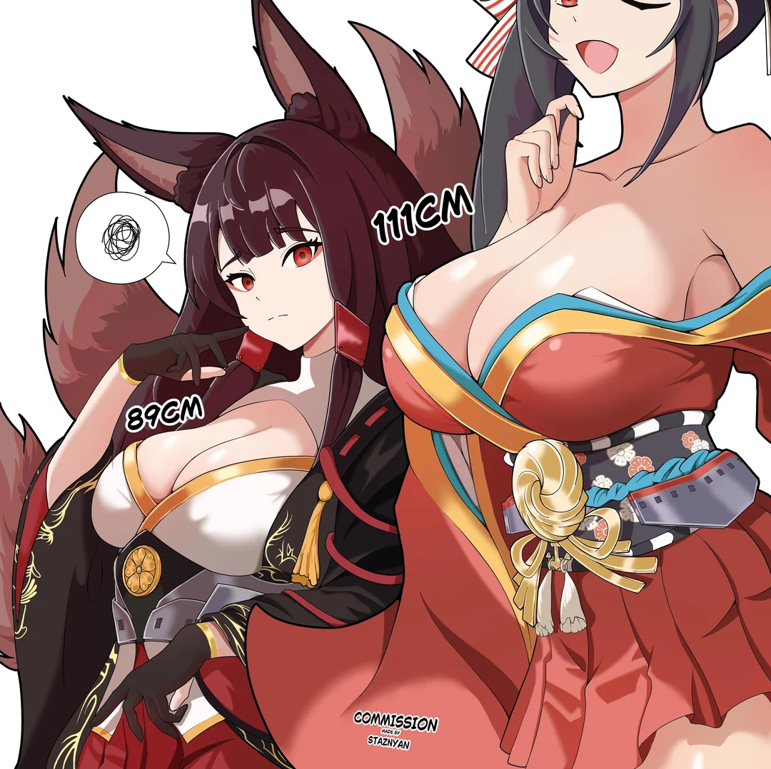 2girls, akagi (azur lane), animal ears, azur lane, bare shoulders, black gloves, black hair, black kimono, breast size difference, breasts, brown hair, brown tail, cg, cleavage, collarbone, dated, female, fox ears, fox girl, fox tail, gloves, hair ornament, hair ribbon, hand up, huge breasts, japanese clothes, kimono, kitsune, large breasts, long hair, long sleeves, looking at viewer, mask, mask on head, multi tail, multiple females, multiple girls, obi, off shoulder, one eye closed, open mouth, partially fingerless gloves, pleated skirt, red eyes, red kimono, red skirt, sash, sidelocks, simple background, skirt, smile, spoken squiggle, squiggle, staznyan, taihou (azur lane), tail, twintails, twitter username, white background, wide sleeves