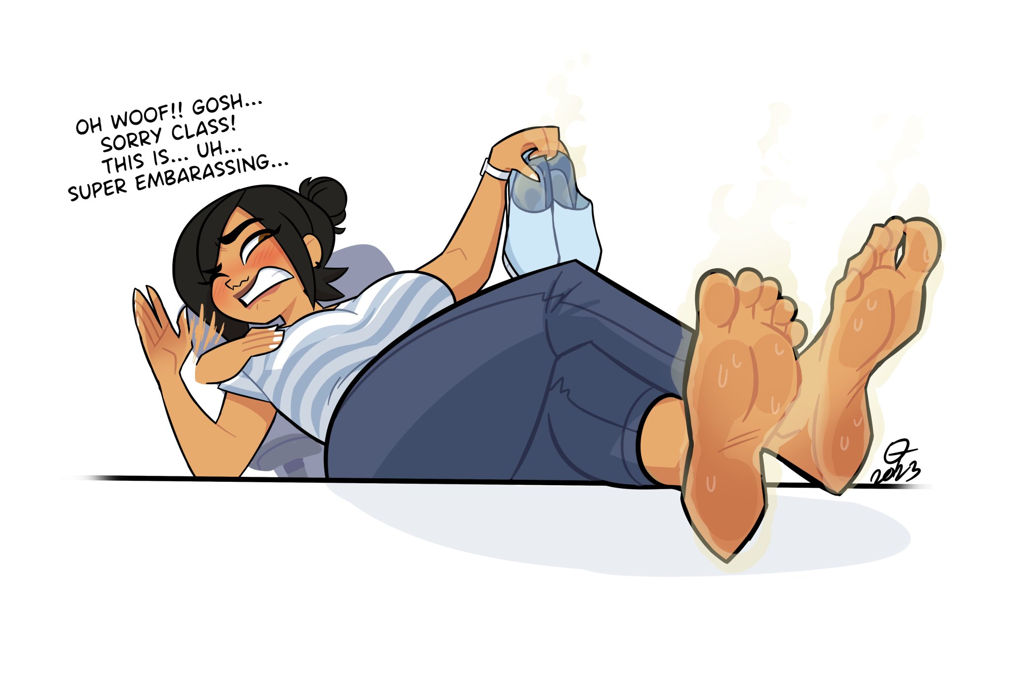 alternate version available, big breasts, blush, breasts, fanning, feet up, female, female only, foot fetish, footwear, footwear removed, musk, musk clouds, musk fetish, musky feet, oddtenn, ophelia (oddten), smelly, smelly feet, sweaty, sweaty feet, teacher