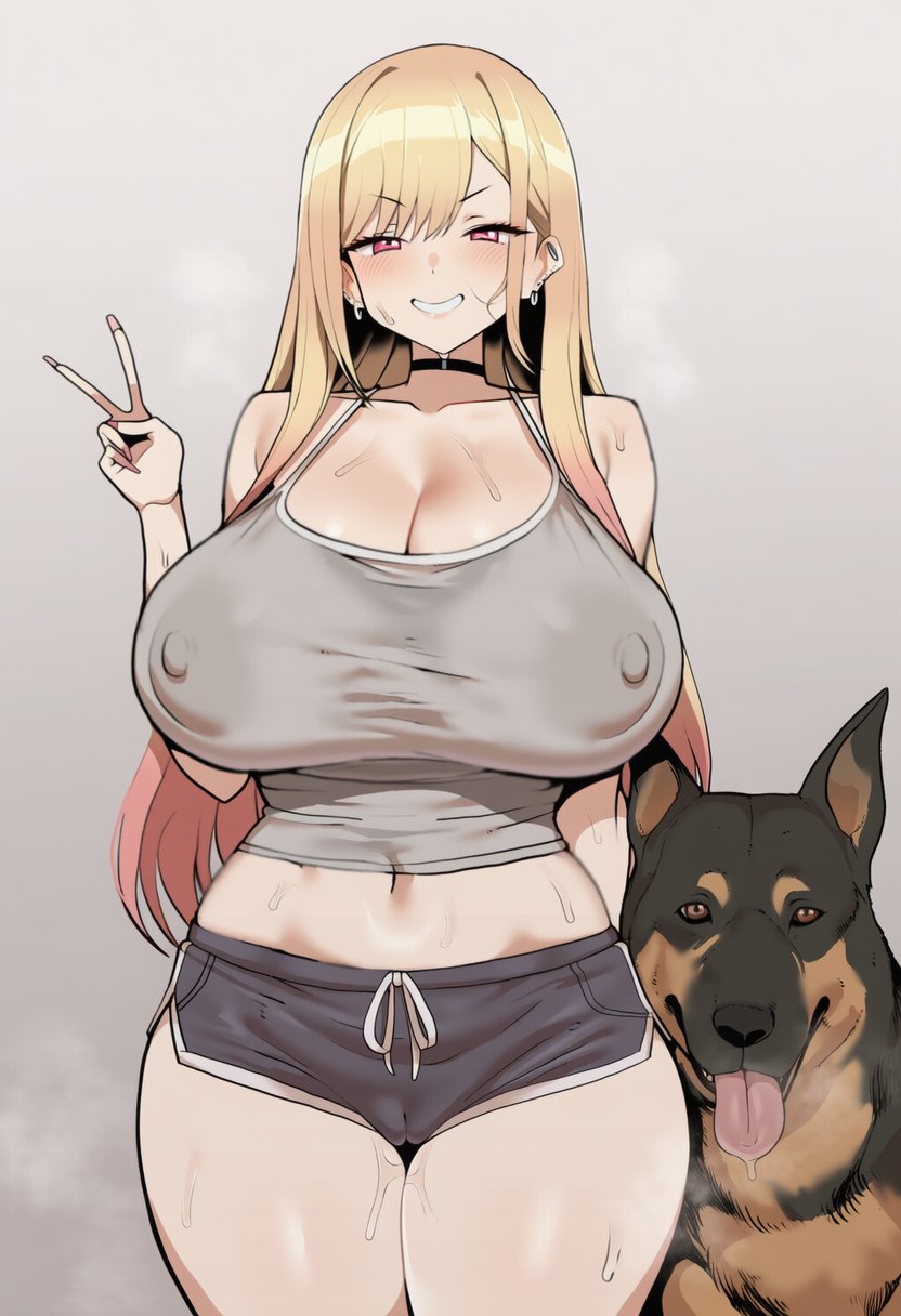 1animal, 1boy, 1girls, ai generated, animal, big breasts, black collar, blonde hair, booty shorts, breasts, breasts bigger than head, cameltoe, canid, canine, canine on human, canis, cleavage, collar, dolphin shorts, domestic dog, female, female on feral, feral, feral on female, feral on human, grey background, human on feral, imminent bestiality, imminent sex, kitagawa marin, looking at viewer, male, nipples, nipples visible through clothing, peace sign, pink eyes, pink hair, pussy, pussy juice, short shorts, shorts, smile, sono bisque doll wa koi wo suru, standing, sweat, sweating, sweaty, sweaty body, thick thighs, two-tone hair, wumiai, zoophilia