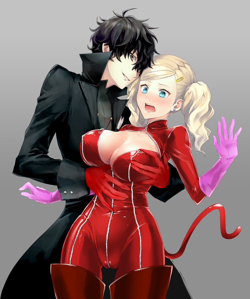 1boy, ann takamaki, black hair, black jacket, blonde hair, blue eyes, boots, breasts, cameltoe, cleavage, commentary request, covered nipples, earrings, embarrassed, female, gloves, grabbing another's breast, groping, hand on another's stomach, highres, jacket, jewelry, joker (persona), large breasts, latex, male, mozuyun, open mouth, persona, persona 5, phantom thief suit, red boots, red thighhighs, ren amamiya, smile, straight, tail, thigh boots, thighhighs, twintails, zipper