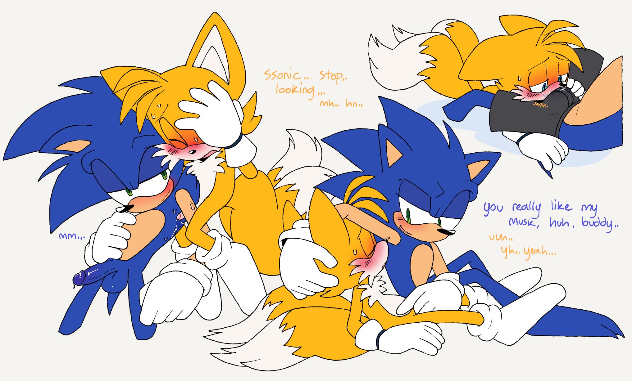 2 tails, anthro, anthro on anthro, armpit fetish, armpit play, armpit sex, armpit sniffing, aroused, balls, balls sniffing, bare chest, bedroom eyes, begging, big dom small sub, big penis, bodily fluids, bulge, canid, canine, caressing, clothed, clothing, dialogue, dominant, duo, embarrassed, embarrassed expression, embarrassed male, english text, erection, eulipotyphlan, flustered, flustered male, footwear, footwear only, fox, genital fluids, genitals, glistening, glistening genitalia, glistening penis, gloves, gloves only, grope, groping crotch, hair, handwear, handwear only, hedgehog, hi res, looking at genitalia, looking at penis, male, male/male, mammal, messy hair, mostly nude, multi tail, musk, musky armpit, musky balls, musky penis, narrowed eyes, nervous, no backround, nude, pachi rizuu, penis, penis size difference, penis sniffing, pointed tail, precum, raised tail, rubbing penis, scent, scent play, seductive, sega, sex, simple background, size difference, skimpy, small penis, smaller male, sniffing, sniffing clothes, sniffing while masturbating, socks, socks only, sonic (series), sonic the hedgehog, sonic the hedgehog (series), stare, tail, tail motion, tails, tails the fox, tailwag, text, underwear, underwear only, whimper, whimpering, white background