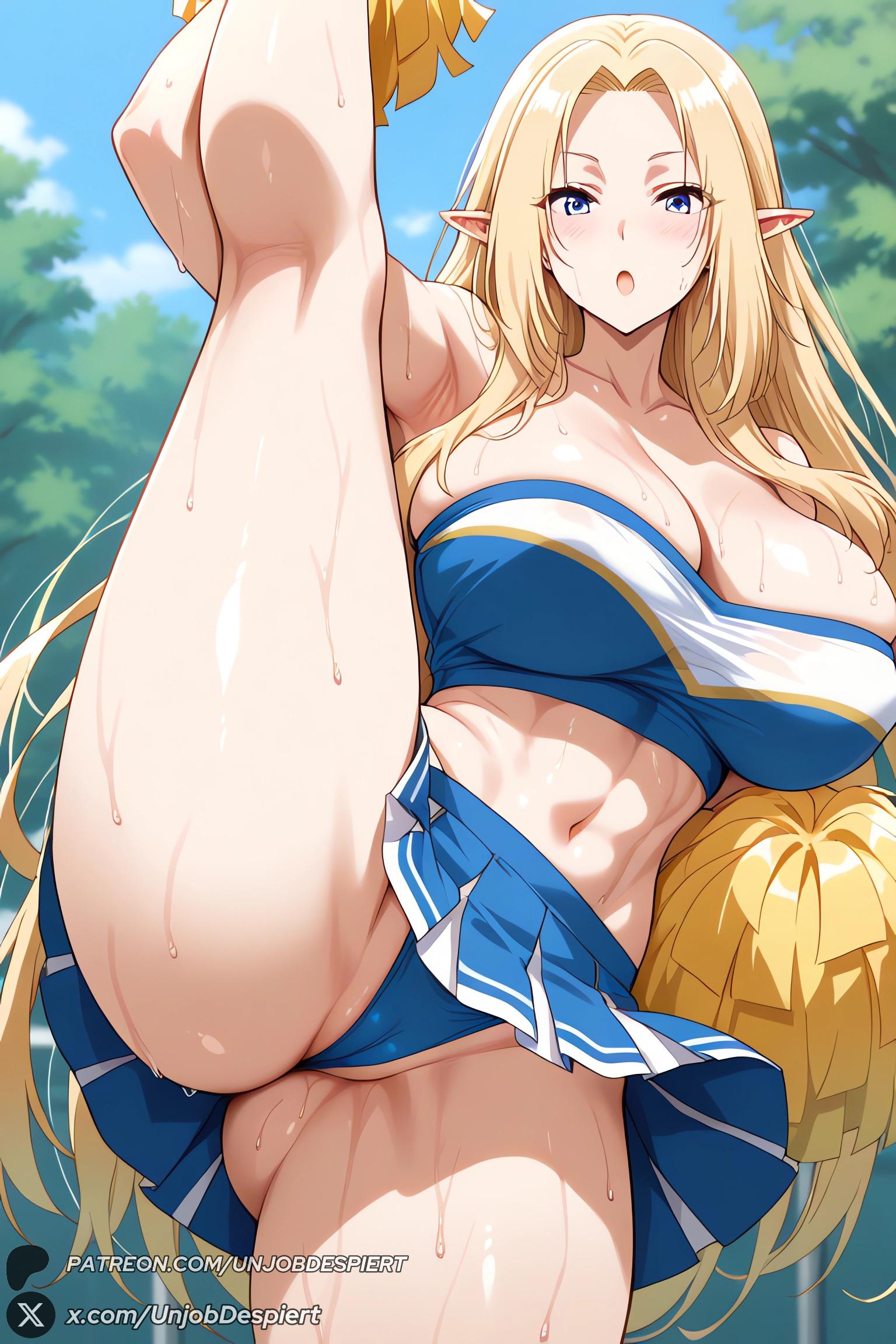 :o, 1female, 1girls, 2025, ai generated, alpha (the eminence in shadow), armpits, artist name, bangs, bare shoulders, big ass, big breasts, blonde hair, blue eyes, blue panties, blue skirt, blue sky, blush, breasts, cameltoe, cheerleader, cleavage, collarbone, crop top, curvy, day, elf, female, female only, hi res, high quality, high resolution, highres, holding, holding pom poms, huge ass, huge breasts, large breasts, leg lift, leg up, long hair, looking at viewer, midriff, miniskirt, navel, open mouth, outdoors, panties, parted bangs, patreon, patreon username, pleated skirt, pointy ears, pom pom (cheerleading), skirt, sky, solo, split, standing, standing on one leg, standing split, sweat, the eminence in shadow, thighs, underwear, unjobdespiert, very long hair, watermark