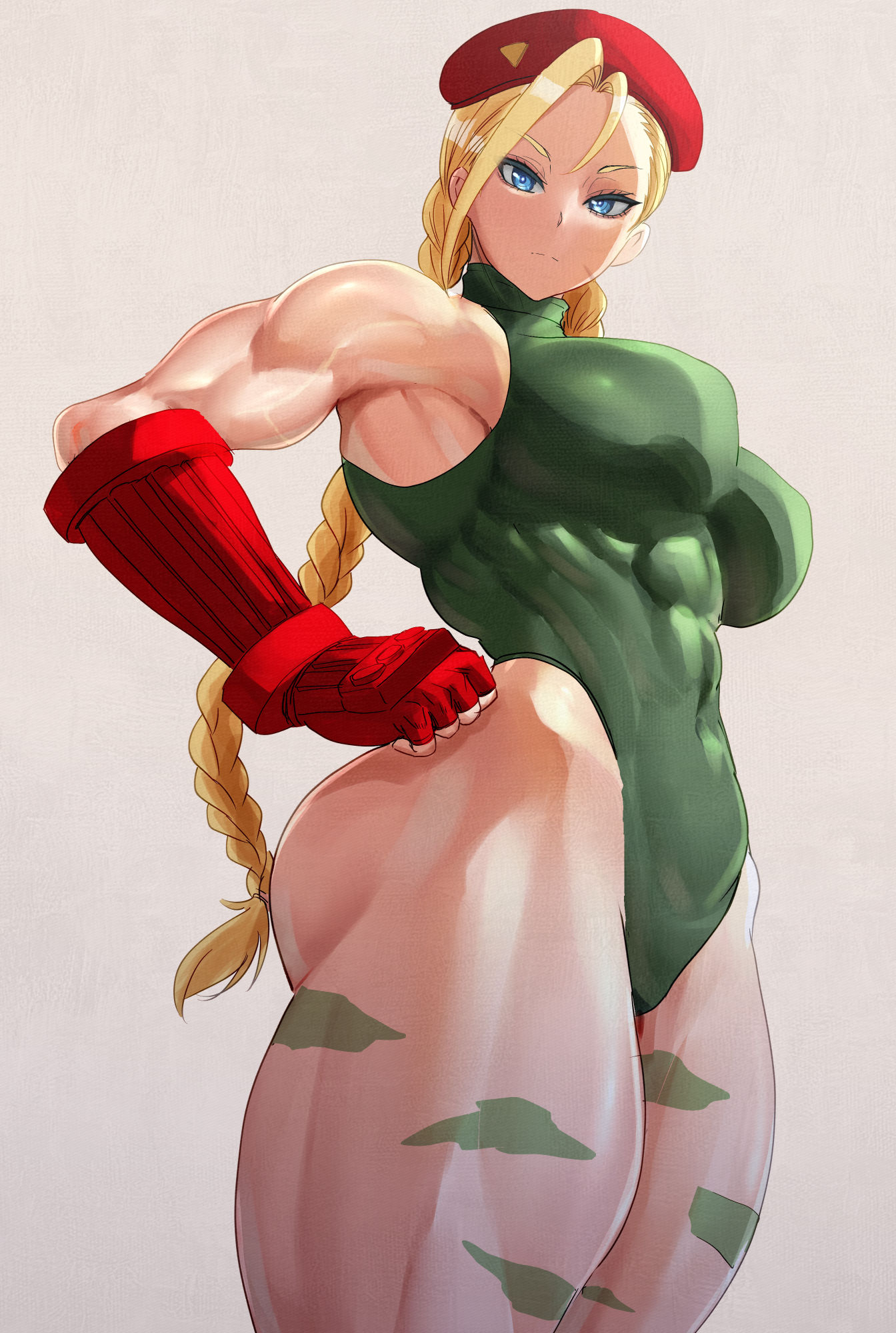 1girls, abs, armwear, ass, beret, big breasts, blonde hair, blue eyes, braid, braided hair, breasts, cammy white, capcom, female, female only, gauntlets, green leotard, hair, hand on hip, hat, headwear, hips, leotard, muscular, muscular female, solo, solo female, street fighter, teaindian, thick thighs, thighs