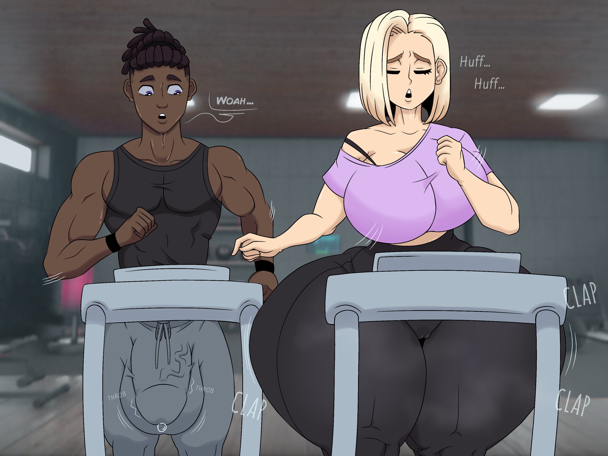 1boy, 1girls, big breasts, big penis, blonde hair, breasts, bulge, carmen and kelsie, dark-skinned male, exercise, fanart, female, gym, hi res, huge ass, huge cock, hyper ass, interracial, kelsie daniels, large breasts, large penis, light-skinned female, male, penis, treadmill, working out, zoultan