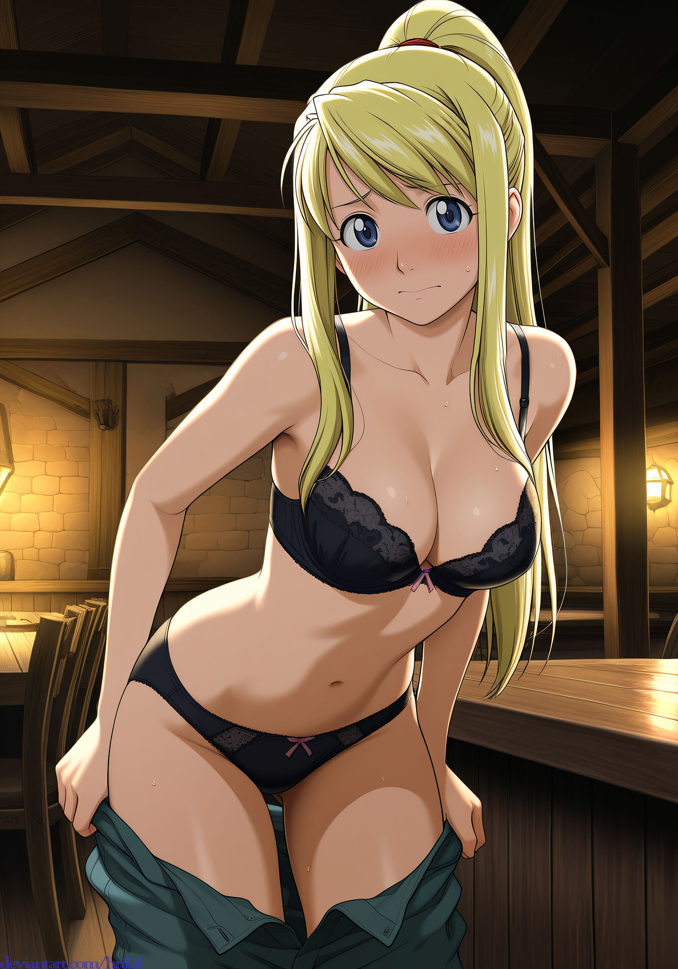 2025, ai generated, anime, black lingerie, blushing at viewer, crunchyroll, deviantart, embarrassed female, female, fullmetal alchemist, hriful, looking at viewer, pants pulled down, pulling down pants, shy at viewer, winry rockbell