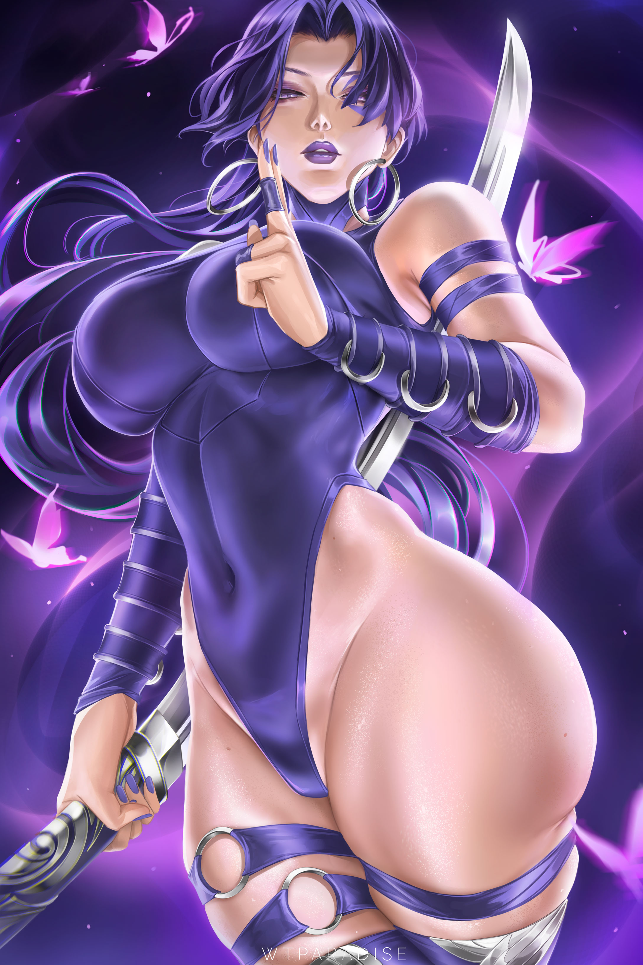 1girls, arm strap, armwear, big breasts, breasts, butterfly, ear piercing, eyeshadow, female, female only, hair, hips, holding weapon, hoop earrings, huge breasts, katana, legwear, leotard, lips, lipstick, long hair, marvel, marvel rivals, nail polish, nails, psylocke, psylocke (sai) (vengeance), purple eyes, purple eyeshadow, purple hair, purple leotard, purple lips, purple lipstick, purple nail polish, purple nails, solo, solo female, thick lips, thick thighs, thigh strap, thighs, weapon, wide hips, wtparadise