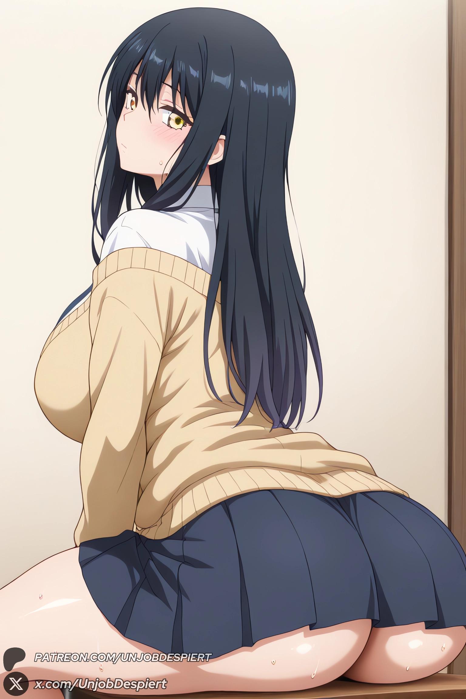 1girls, 2025, ai generated, artist name, ass, bangs, big ass, big breasts, black hair, black skirt, blush, breasts, cardigan, closed mouth, collared shirt, curvy, female, female only, hair between eyes, hi res, high quality, high resolution, highres, huge ass, huge breasts, large breasts, long hair, long sleeves, looking at viewer, looking back, mieruko-chan, patreon, patreon username, pleated skirt, school uniform, shirt, sitting, skirt, solo, sweat, sweater, thighs, unjobdespiert, watermark, white shirt, yellow eyes, yotsuya miko