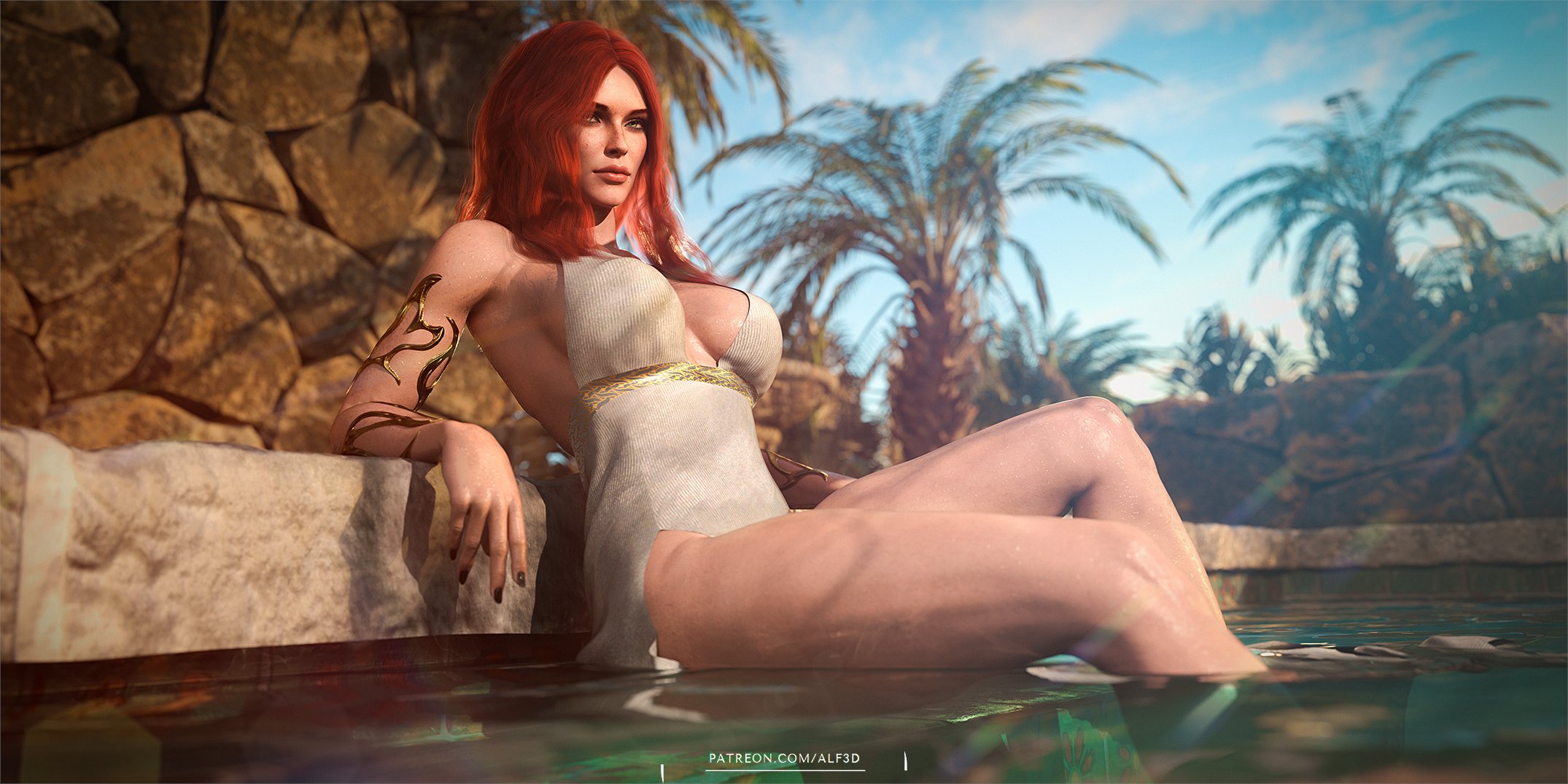 3d, alf3d, armpits, bathing, black nails, breasts, cd projekt red, female, freckles, light-skinned female, looking at viewer, mascara, red hair, solo, solo female, the witcher (series), the witcher 3: wild hunt, triss merigold, wet body, white dress