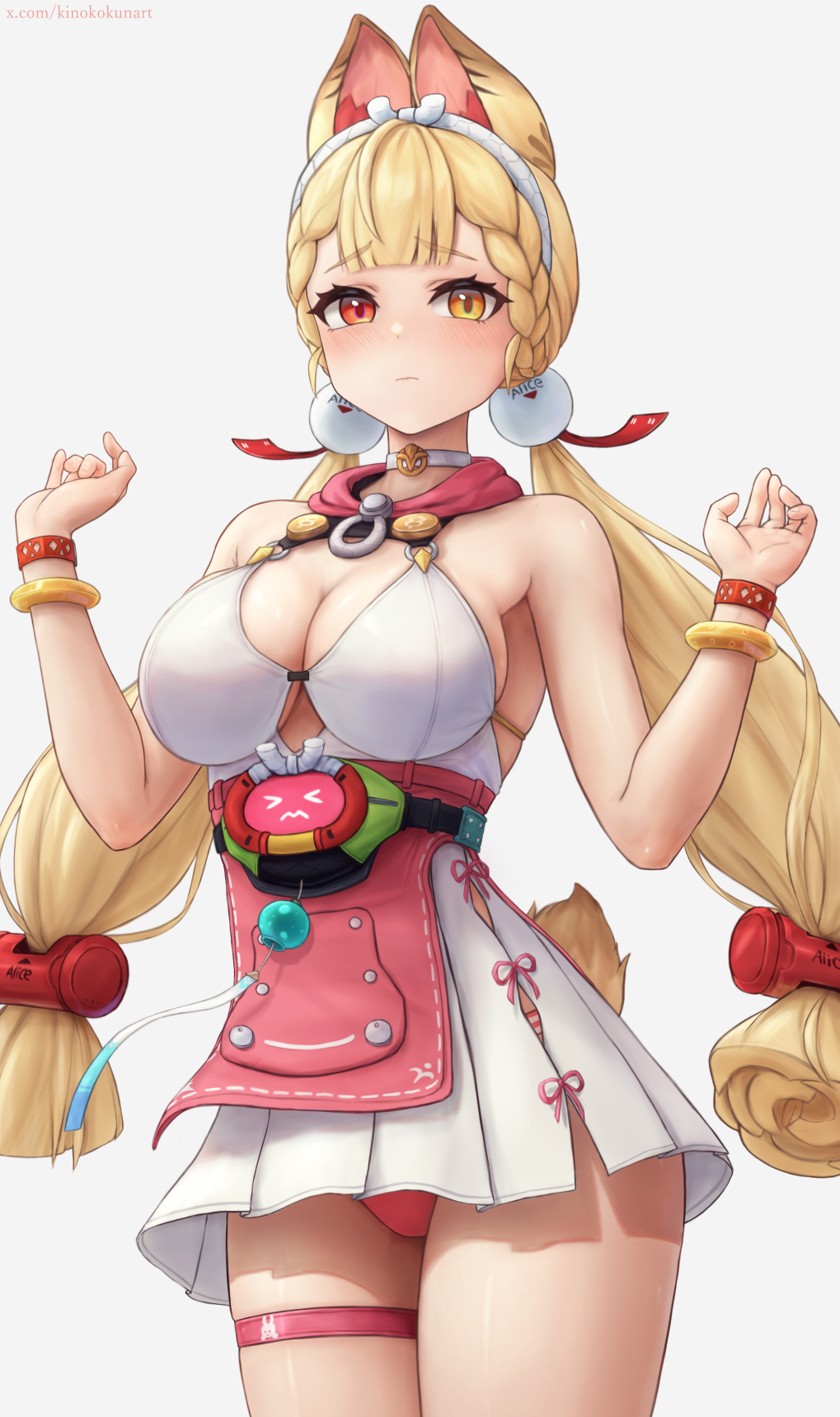 1girls, alice thymefield, alice thymefield (sea of thyme), animal ears, blonde hair, blush, bracelet, breasts, choker, cleavage, closed mouth, commentary request, dress swimsuit, female, female only, hair ornament, hairband, hand up, heterochromia, highres, jewelry, kinoko kun, large breasts, long hair, looking at viewer, low twintails, official alternate costume, one-piece swimsuit, paid reward available, rabbit ears, rabbit girl, rabbit tail, red eyes, simple background, solo, sphere hair ornament, standing, swimsuit, tail, thigh strap, twintails, watch, white background, white choker, white hairband, white one-piece swimsuit, wristwatch, yellow eyes, zenless zone zero