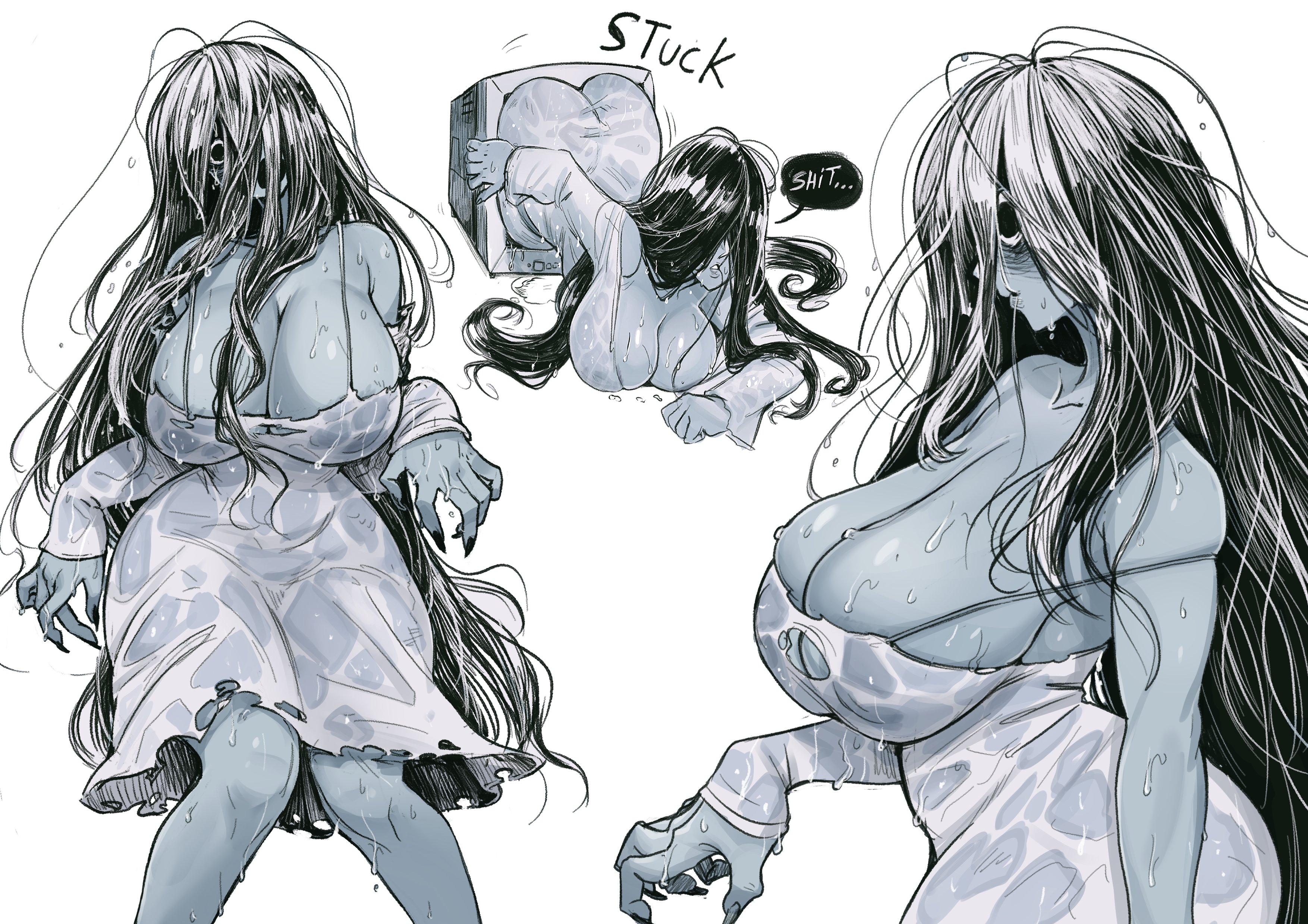 1girls, big areola, big breasts, big nipples, breasts, bubble butt, butt crack, female, huge ass, huge breasts, insouwu, see-through, see-through clothing, the ring, thick thighs, wet clothes, yamamura sadako