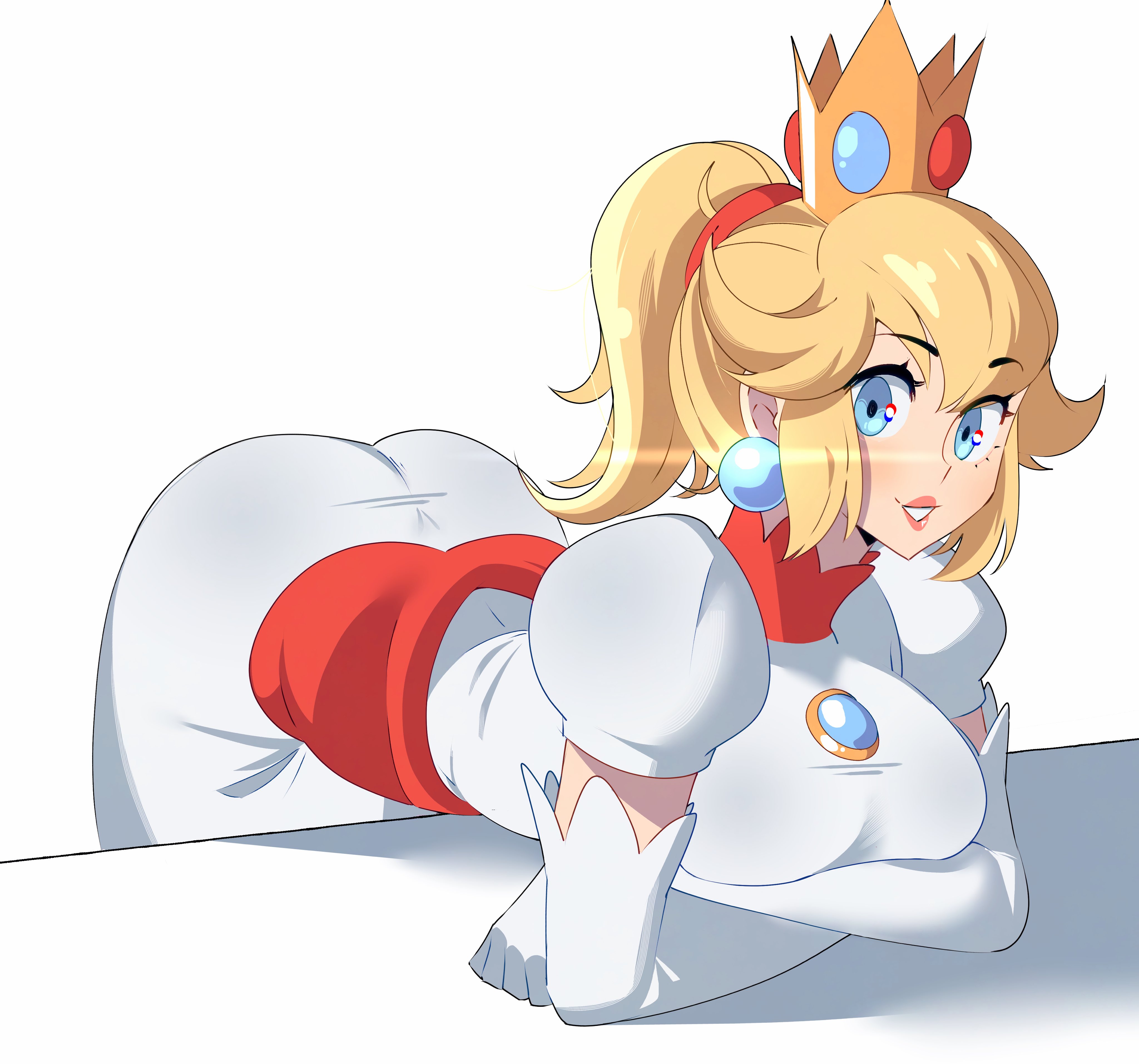 1girls, absurd res, absurd resolution, absurdres, arched back, arm gloves, ass, bent over, bent over table, big ass, big breasts, big butt, blonde hair, blue earrings, boobs and butt pose, breasts, bubble ass, busty, crown, curvaceous, curvy, curvy female, curvy figure, detached sleeves, dress, earrings, elbow gloves, fat ass, female, female focus, female only, fire flower, fire peach, gjh 1, gloves, hairband, hi res, high resolution, highres, jpeg, large ass, large breasts, leaning forward, long gloves, long hair, mario (series), nintendo, ponytail, princess, princess peach, royalty, simple background, smile, smiling, solo, solo female, solo focus, super mario bros., tagme, thick thighs, thighs, tied hair, voluptuous, voluptuous female, white background, white dress, white gloves