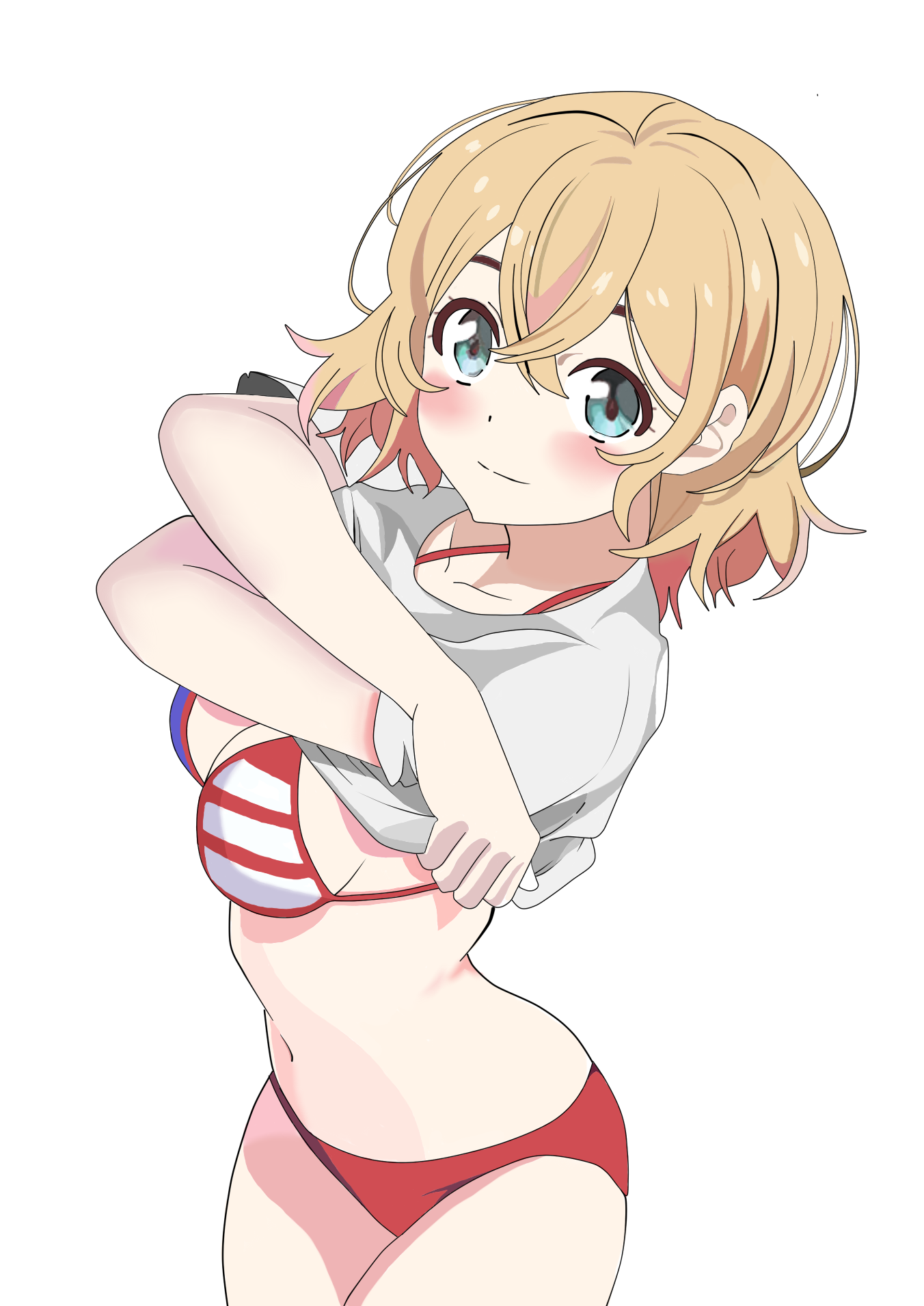 1girls, american flag, american flag bikini, ass, bangs, bikini, blonde hair, blue eyes, blush, breasts, clavicle, cleavage, female, female focus, female only, flag print, hair between eyes, high resolution, kanojo okarishimasu, looking at viewer, medium breasts, nanami mami, navel, print bikini, print swimsuit, red bikini, removing shirt, shirt, short hair, smile, solo, solo female, solo focus, standing, star (symbol), star print, strap gap, striped, swimsuit, t-shirt, thighs, undressing, white background, white shirt, wildkid