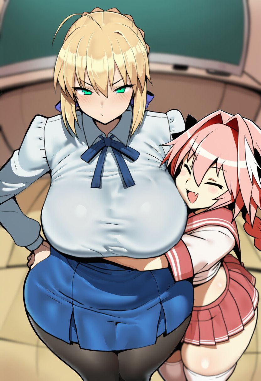 1boy, 1girls, ai generated, artoria pendragon, astolfo (fate), big breasts, black ribbon, blonde hair, blue ribbon, breasts, closed eyes, crossdressing, crossdressing male, fate (series), fate/apocrypha, fate/grand order, fate/stay night, female, femboy, femboy on female, feminine male, girly, green eyes, hugging, legwear, looking at viewer, male, open mouth, pantyhose, pink hair, pink skirt, ribbon, ribbon in hair, ribbons, skirt, smile, standing, thighhighs, white legwear, white thighhighs, wumiai