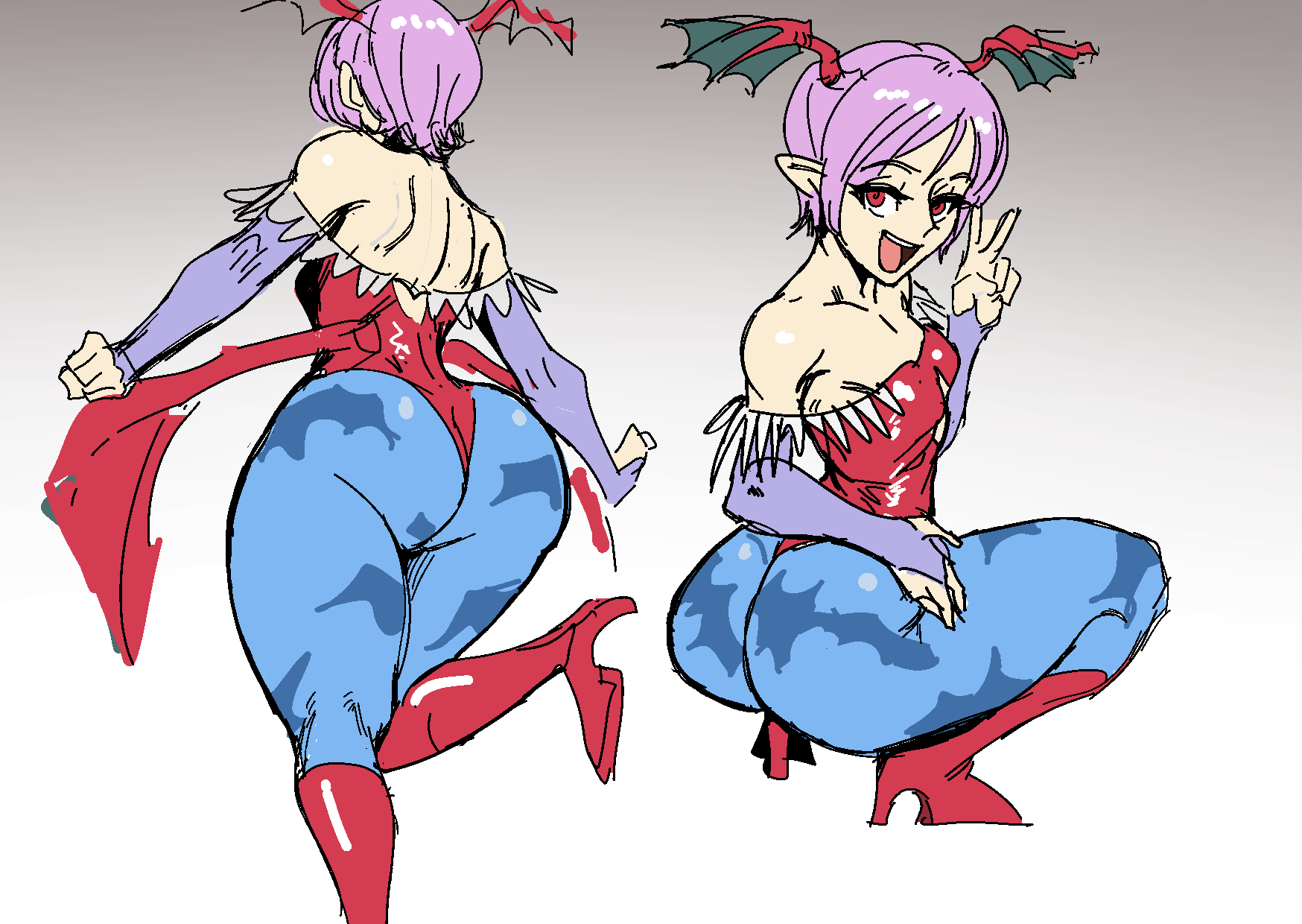 1girls, 2d, ass, bathsalts1, big ass, bottom heavy, breasts, clothed, clothing, darkstalkers, female, female only, gradient background, high heel boots, high heels, leotard, lilith aensland, peace sign, red eyes, small breasts, smile, solo female, succubus, very short hair, wide hips