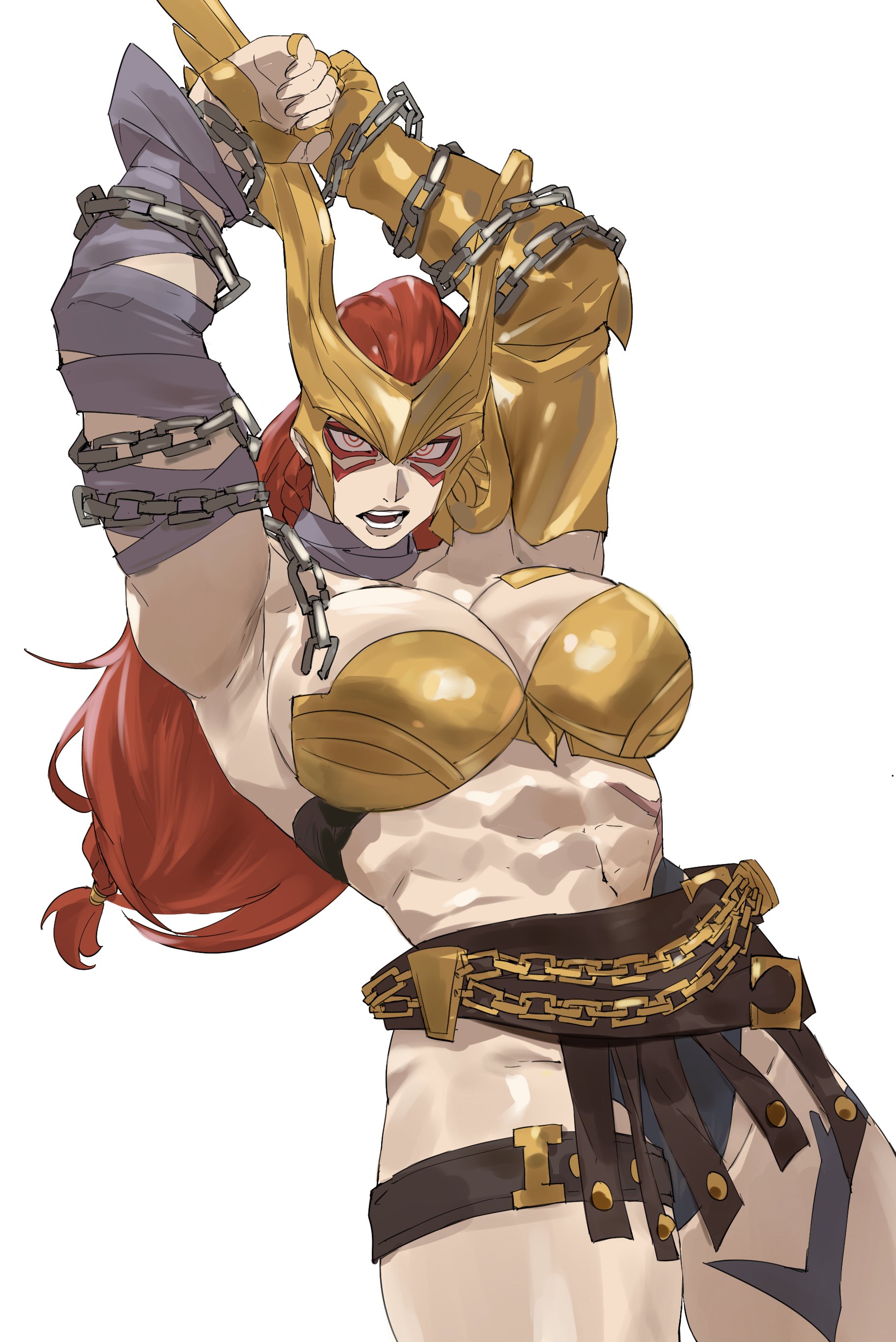 1girls, abs, angela (aldrif odinsdottir), arms tied, arms up, big breasts, breasts, cleavage, female, female only, marvel, marvel comics, marvel rivals, muscular, muscular female, solo, taiyang yu, thick thighs, thor (series), tied up