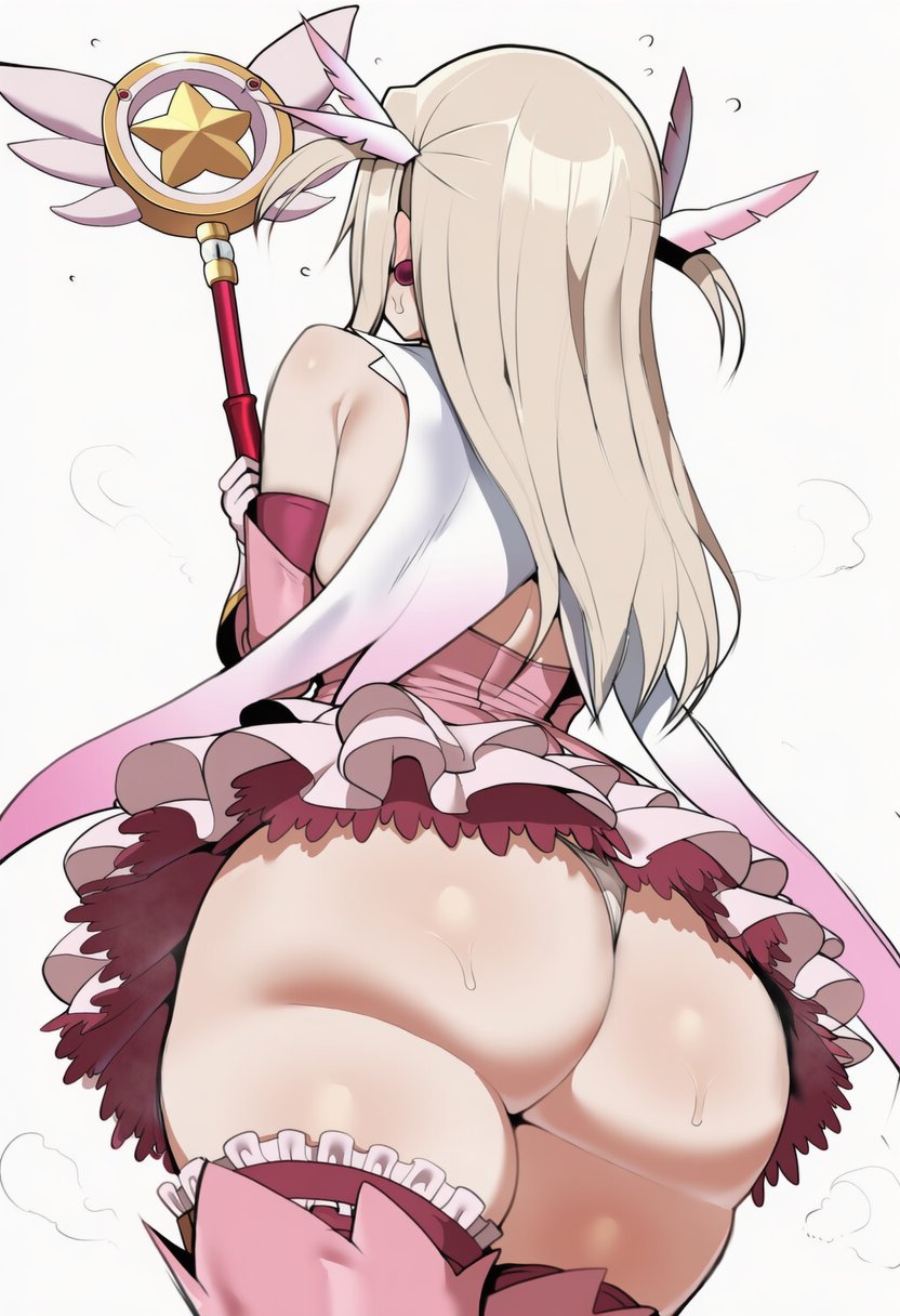 1girls, ai generated, ass, big ass, big butt, clothed, clothed female, dress, fate (series), fate/grand order, fate/kaleid liner prisma illya, female, illyasviel von einzbern, legwear, panties, pink dress, pink legwear, rear view, silver hair, solo female, staff, standing, thick thighs, thigh boots, viewed from behind, white background, white panties, wumiai